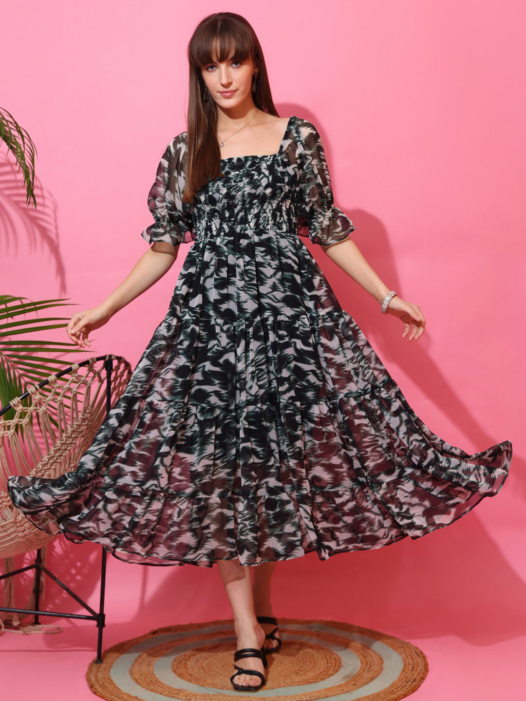 Emerald Bloom Fit and Flare Midi Dress