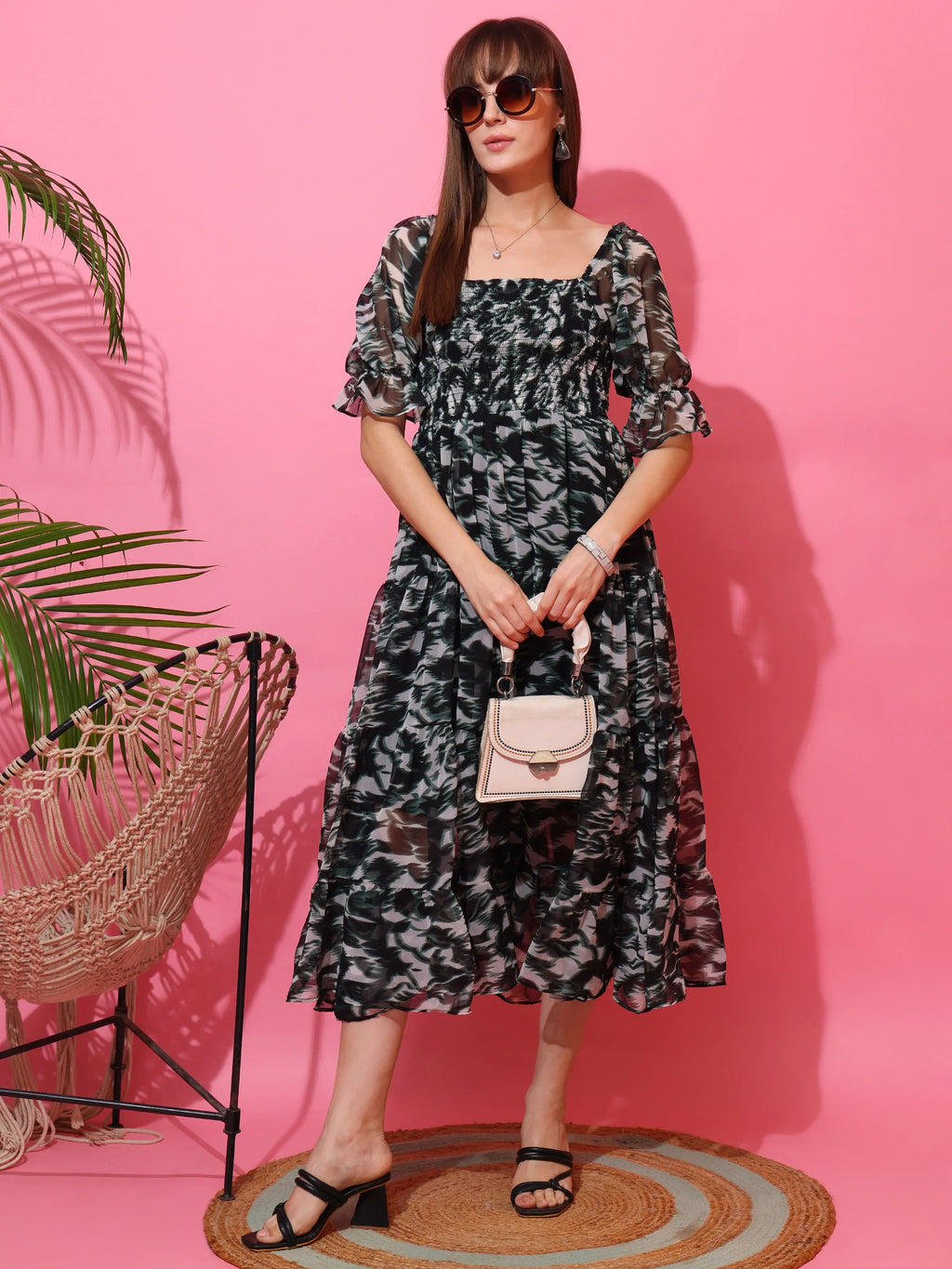 Emerald Bloom Fit and Flare Midi Dress