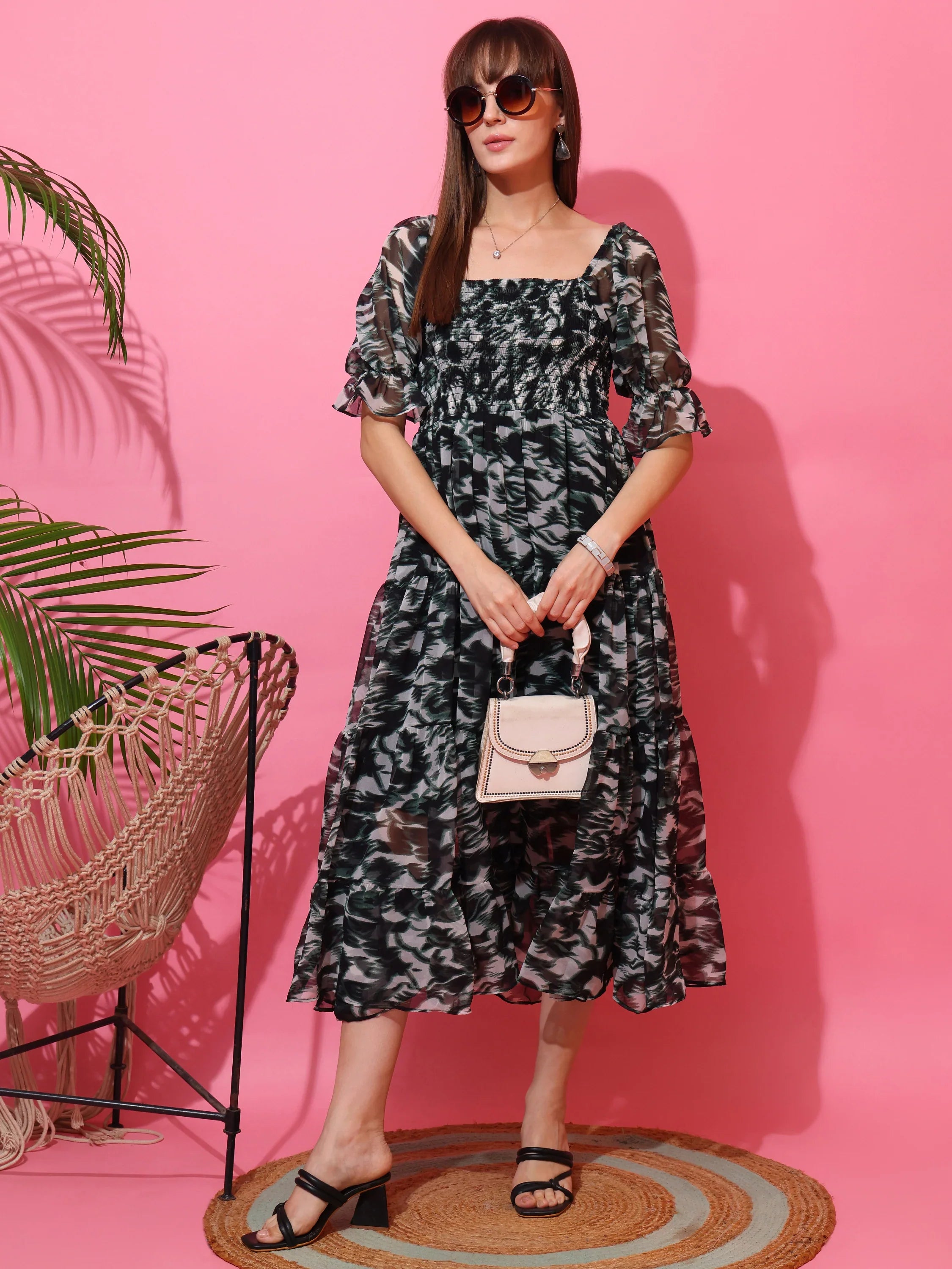Emerald Bloom Fit and Flare Midi Dress