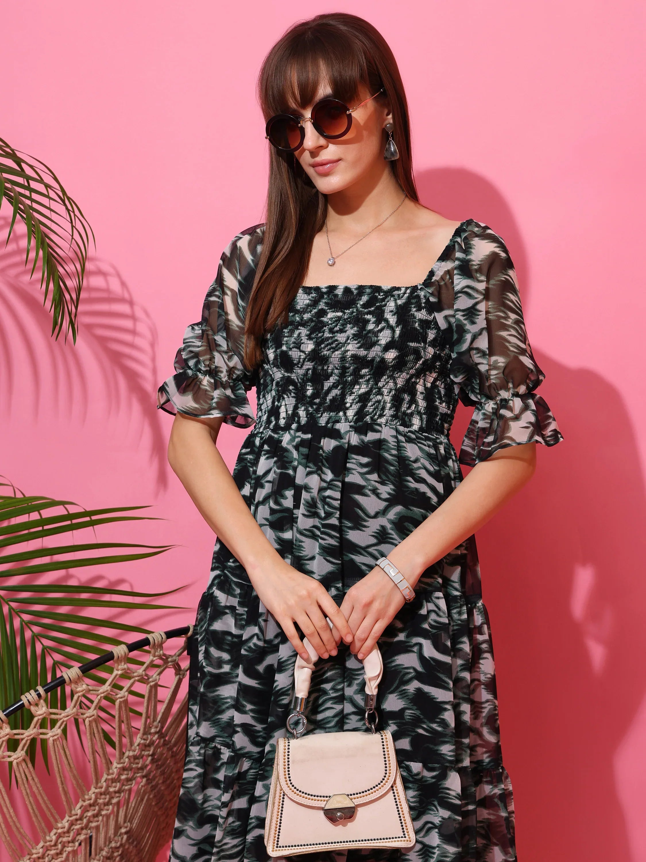 Emerald Bloom Fit and Flare Midi Dress