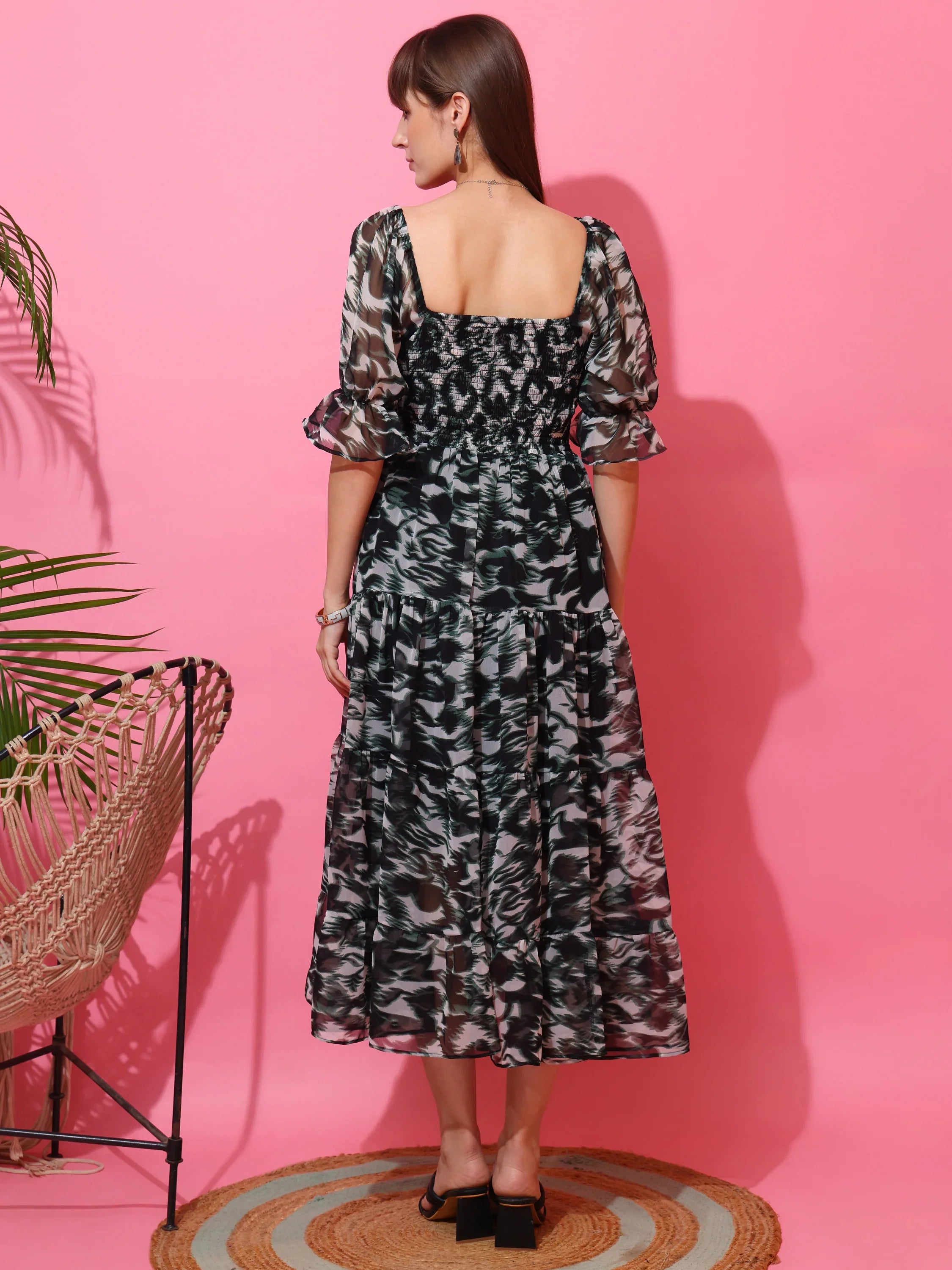 Emerald Bloom Fit and Flare Midi Dress