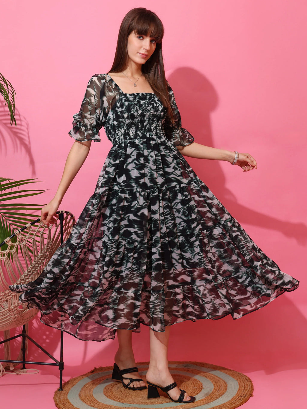 Emerald Bloom Fit and Flare Midi Dress