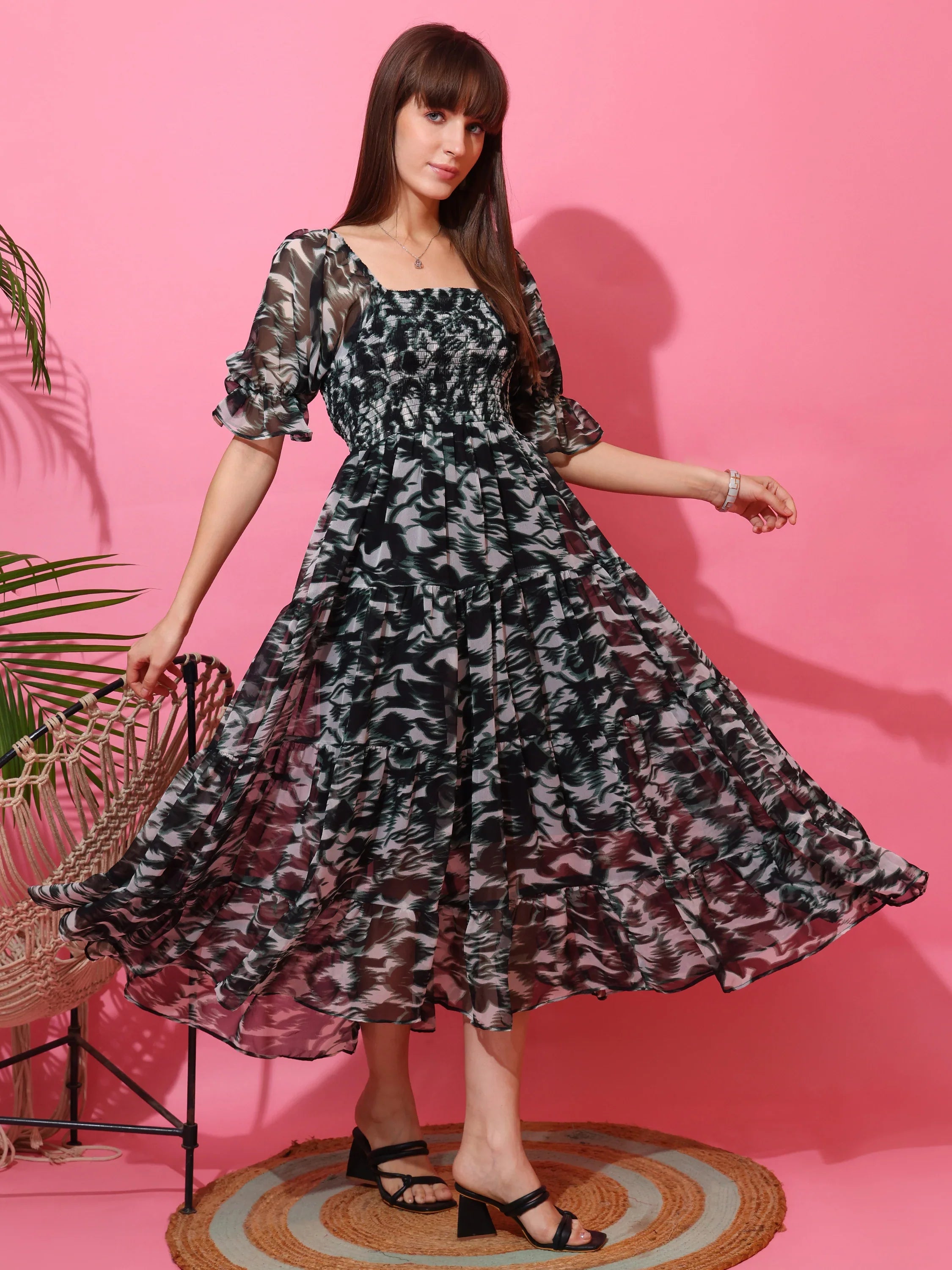 Emerald Bloom Fit and Flare Midi Dress