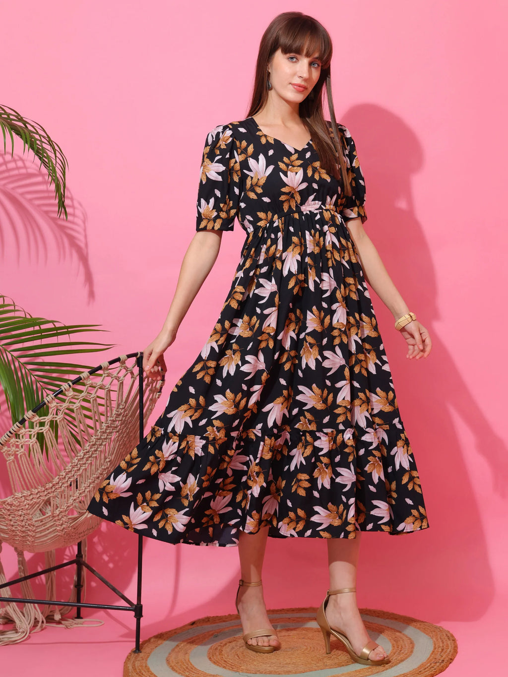 Noir Bloom Floral Midi Dress