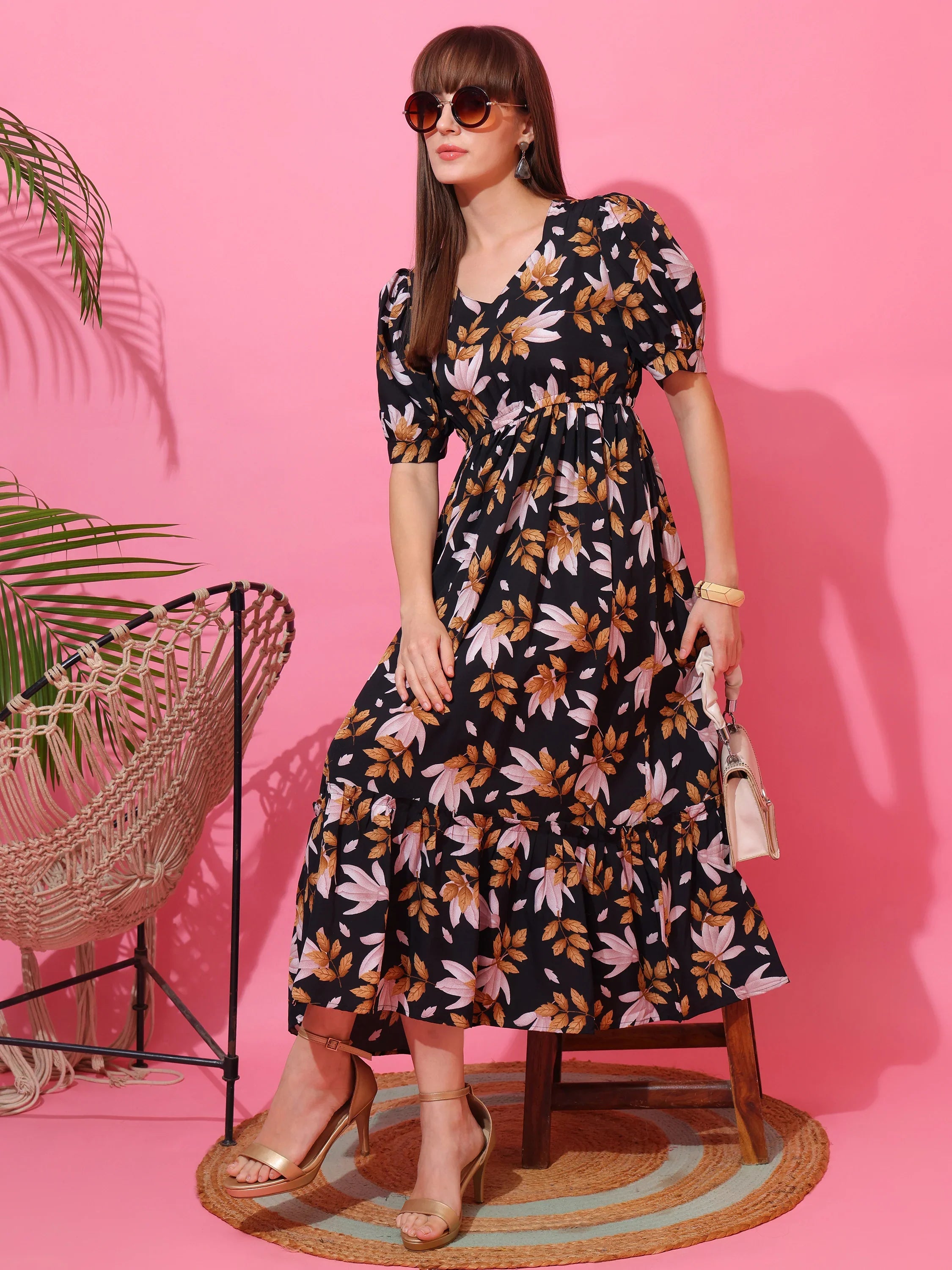 Noir Bloom Floral Midi Dress