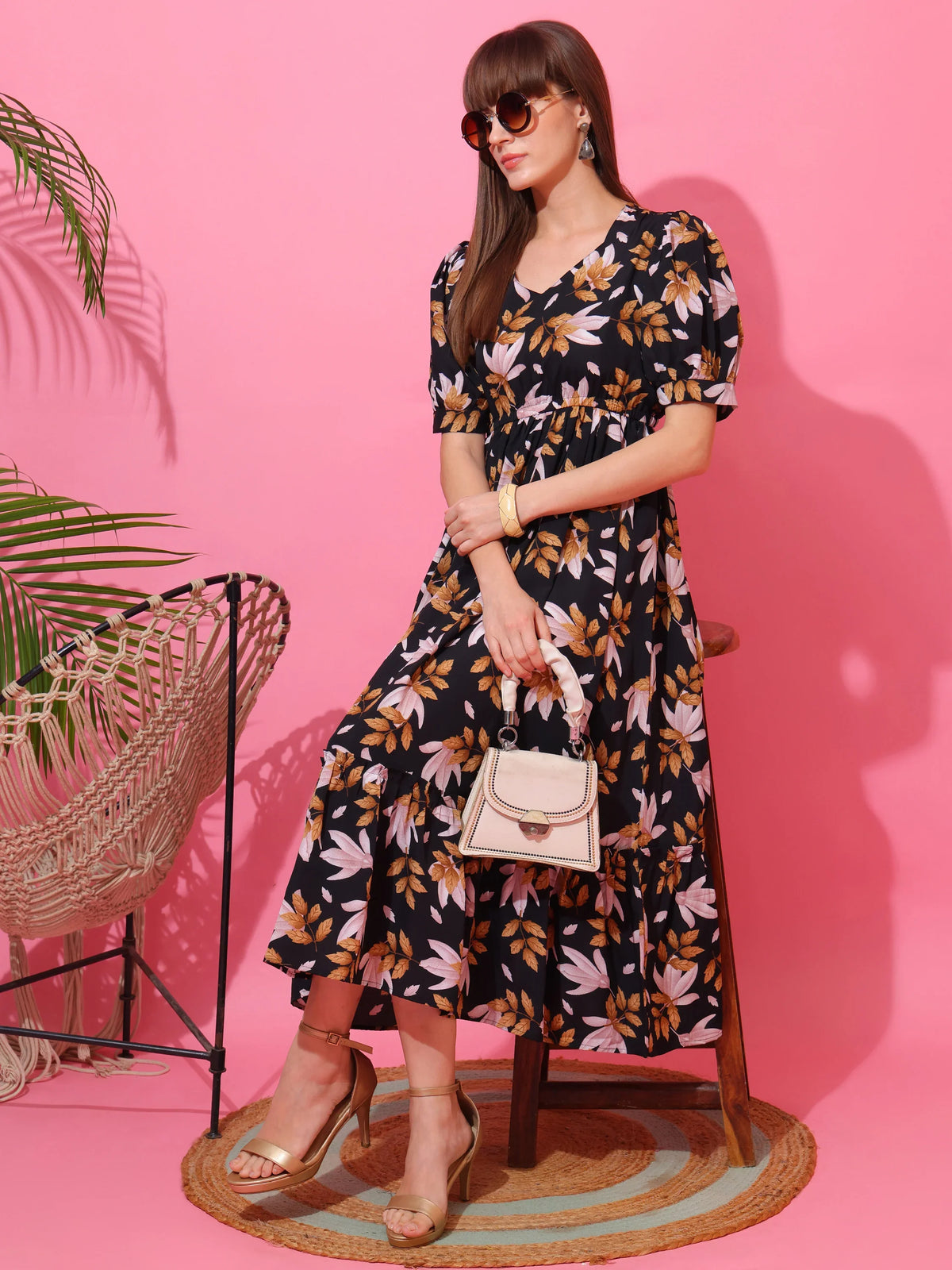 Noir Bloom Floral Midi Dress