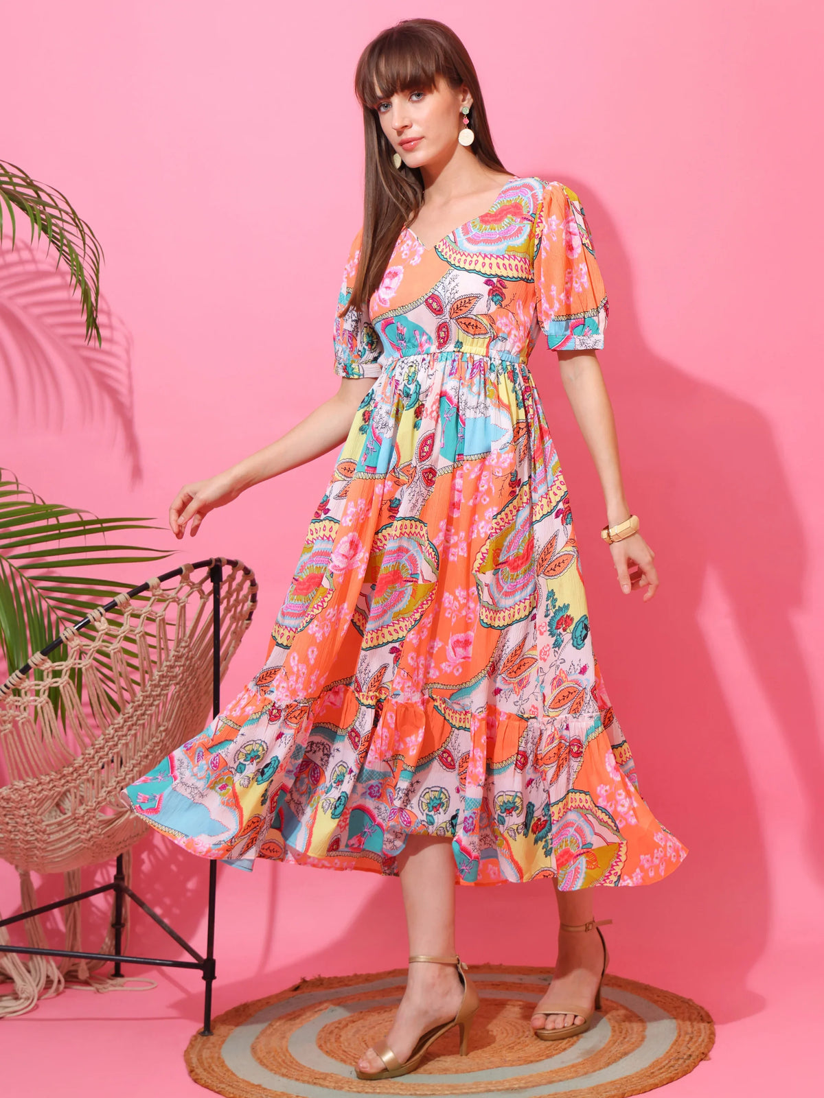 Peach Blossom Fit & Flare Midi Dress