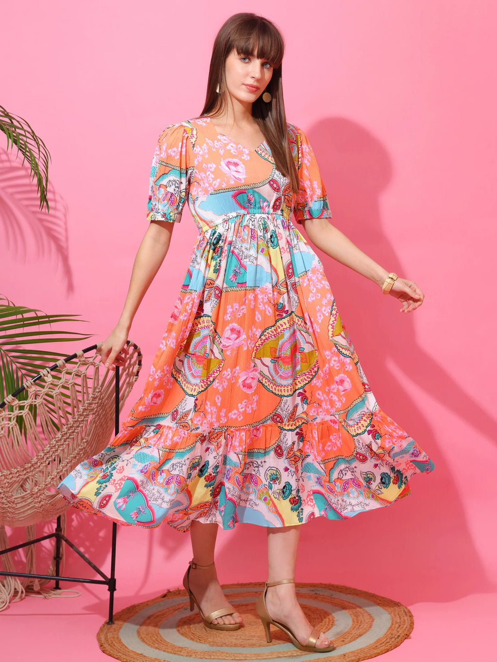 Peach Blossom Fit & Flare Midi Dress