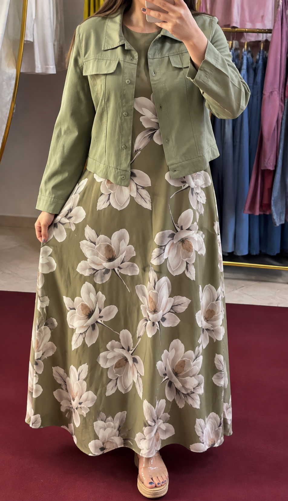 Pista Green Floral Maxi Dress with Cropped Jacket