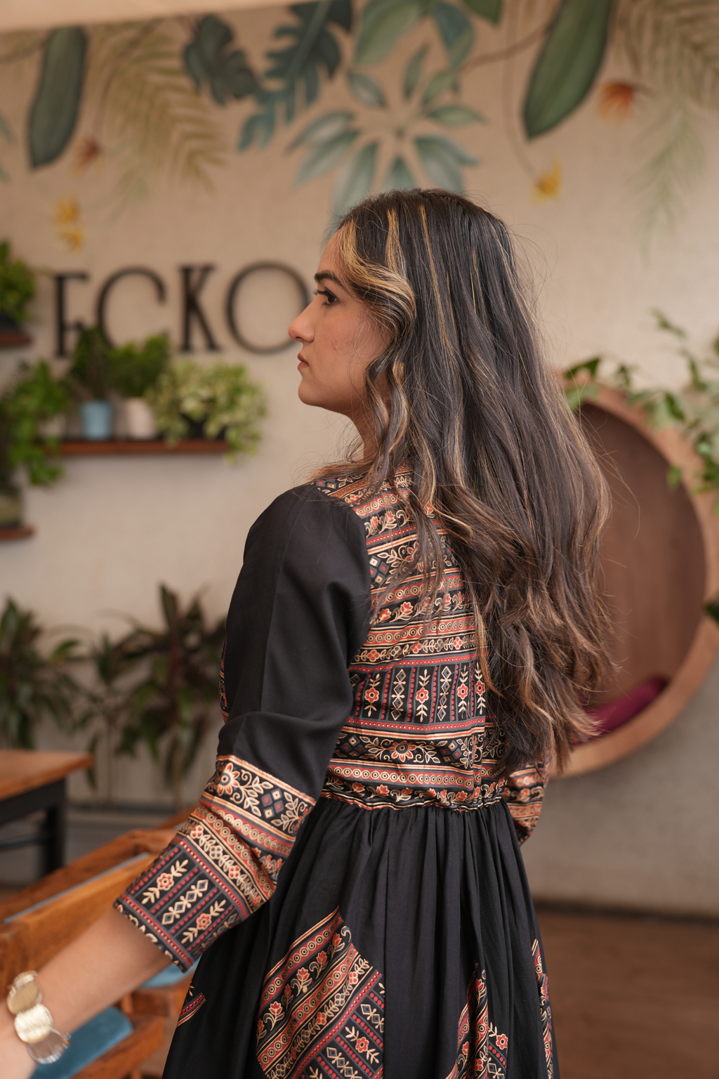 Elegant Gold Printed Black Fit and Flare Maxi Dress