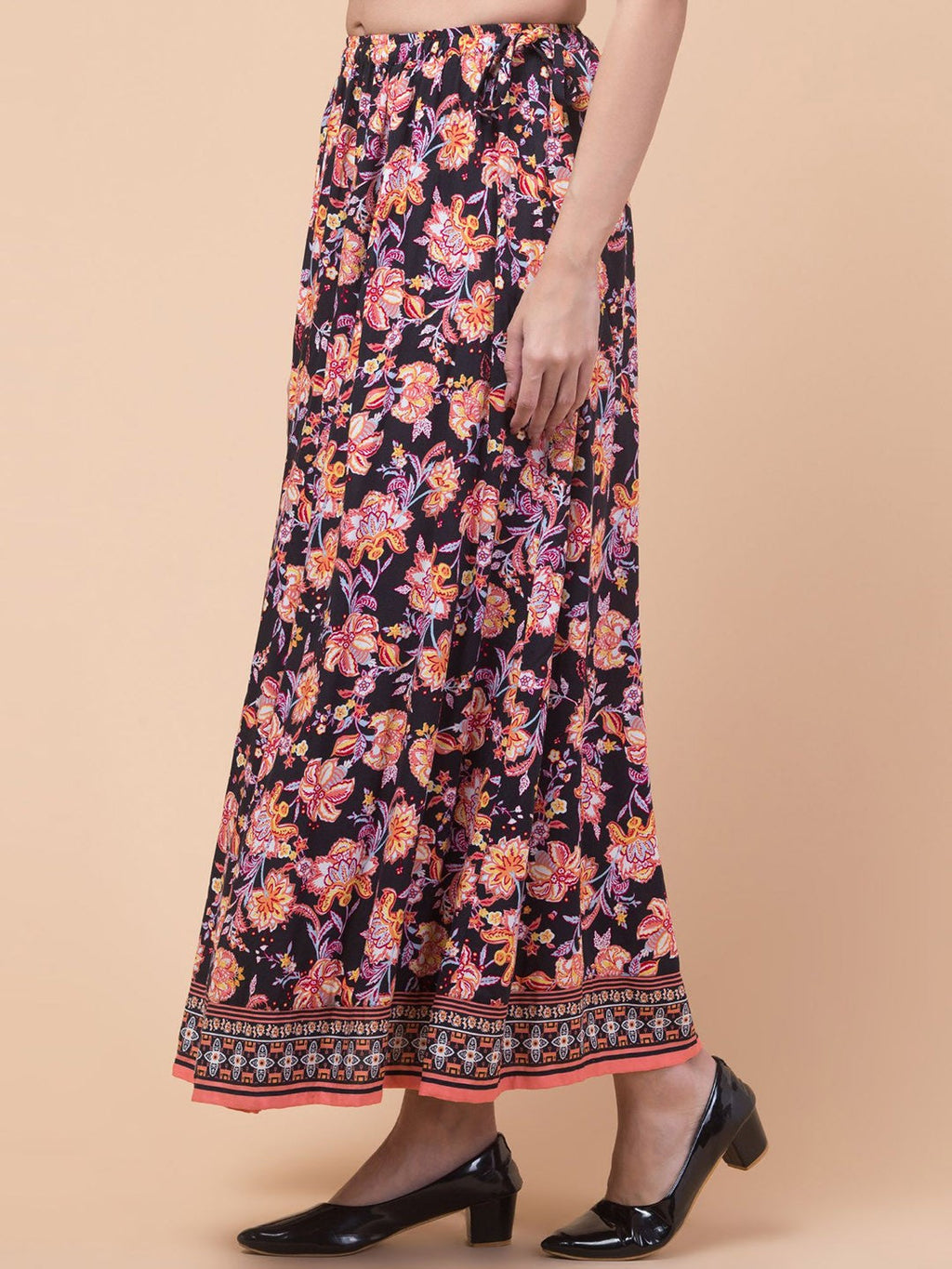 Black Floral print A-line Maxi Skirt