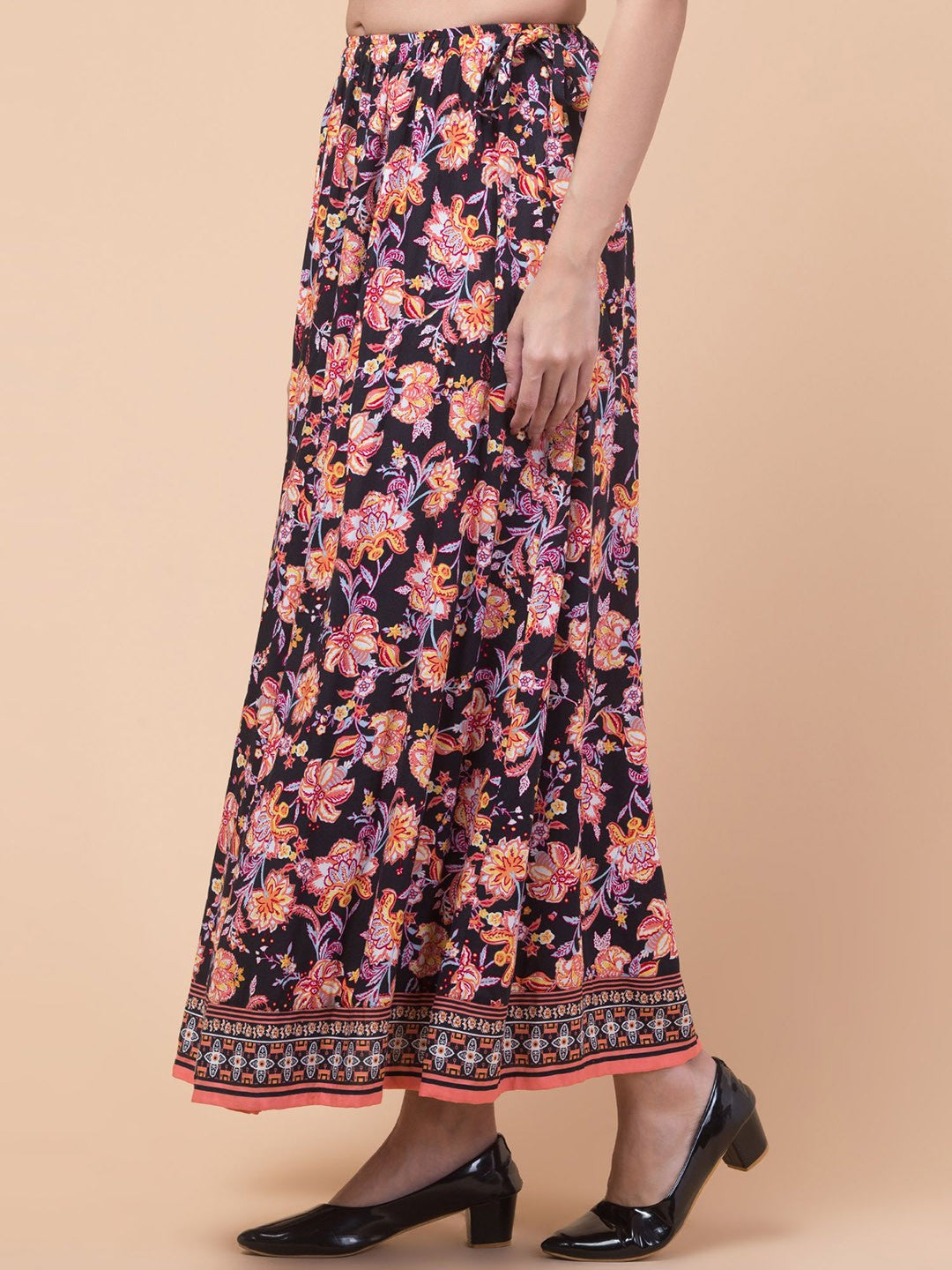 Black Floral print A-line Maxi Skirt