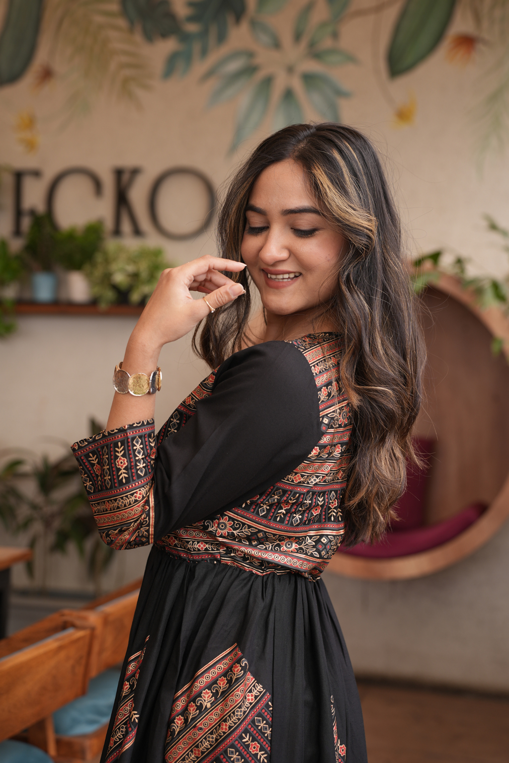 Elegant Gold Printed Black Fit and Flare Maxi Dress
