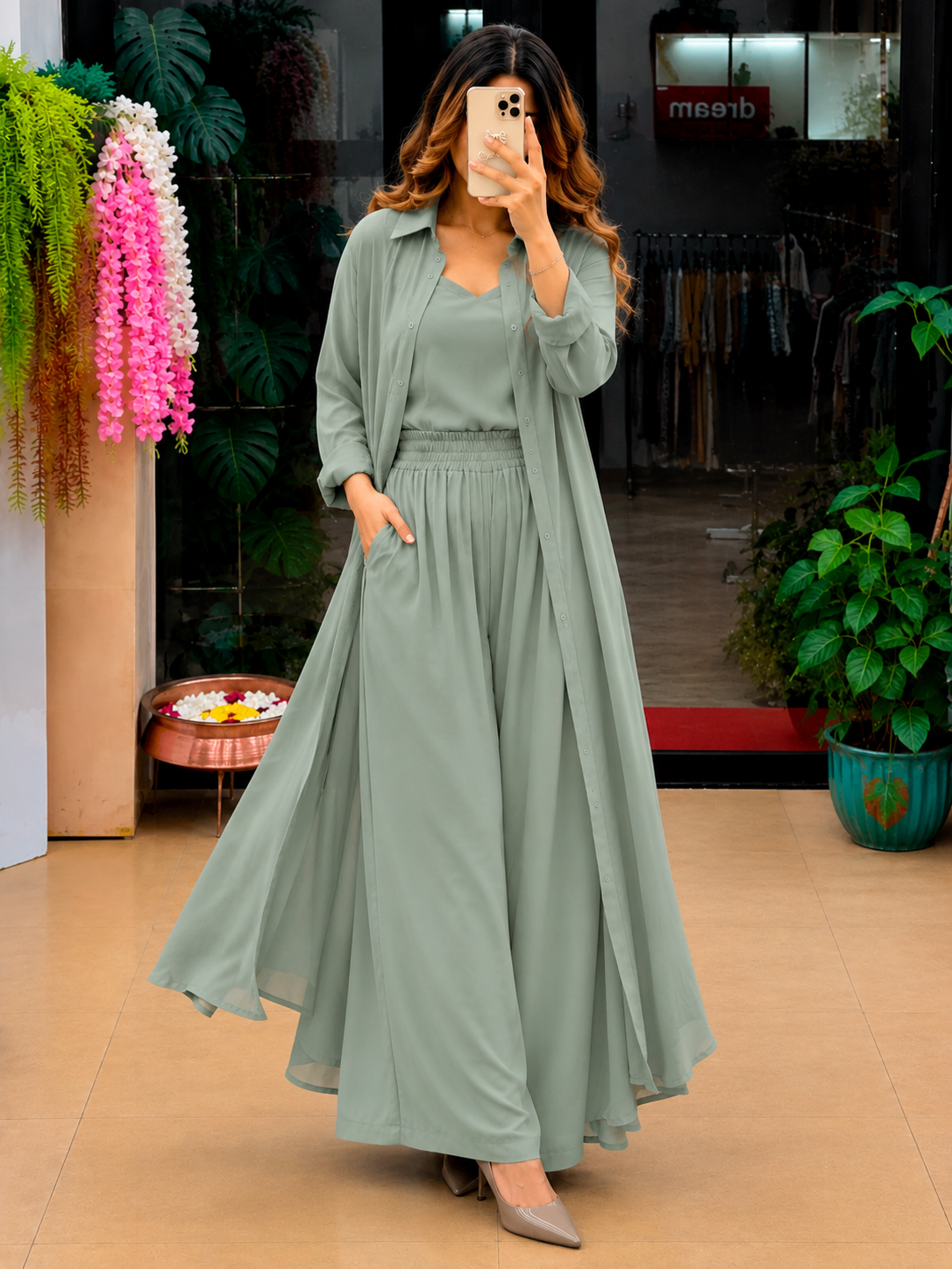 Sage Green Women's 3-Piece Co-Ord Set with Long Shrug