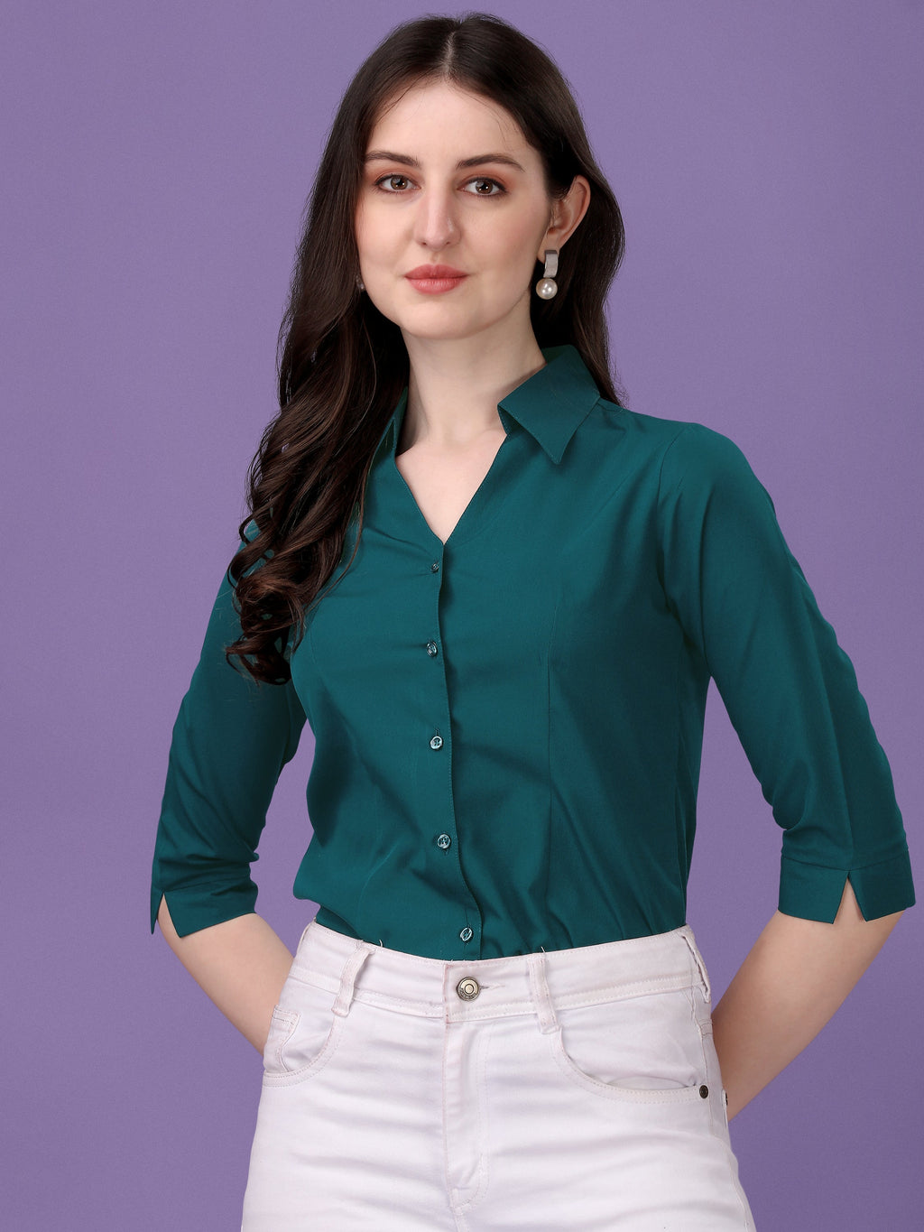 Green Crepe 3/4th Sleeve Shirt