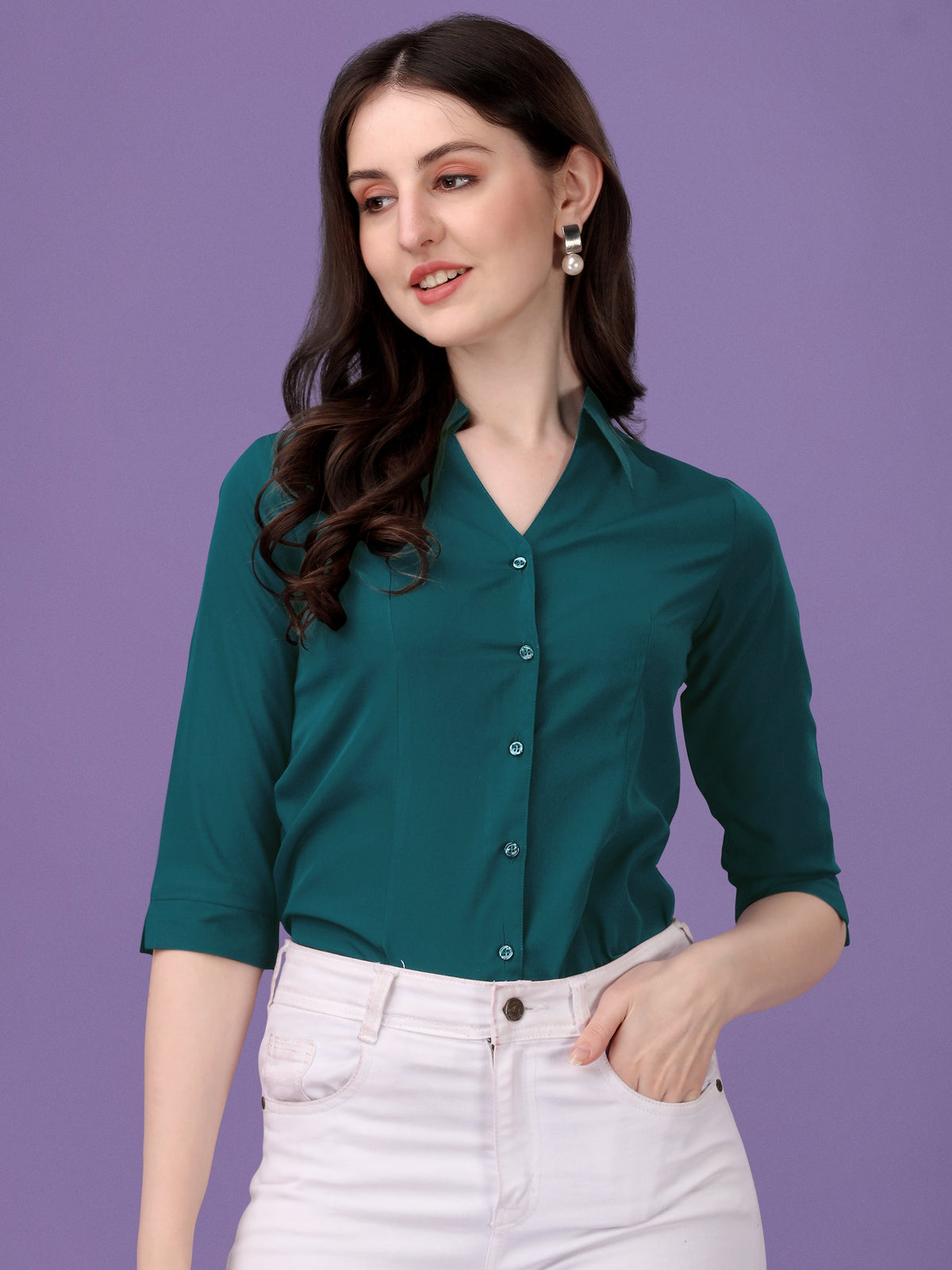 Green Crepe 3/4th Sleeve Shirt