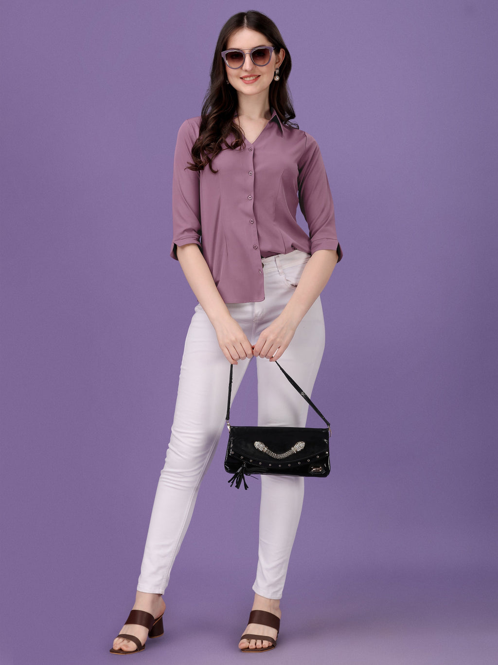Korean-Style Lavender Crop 3/4th Sleeve Shirt | Wyshlist