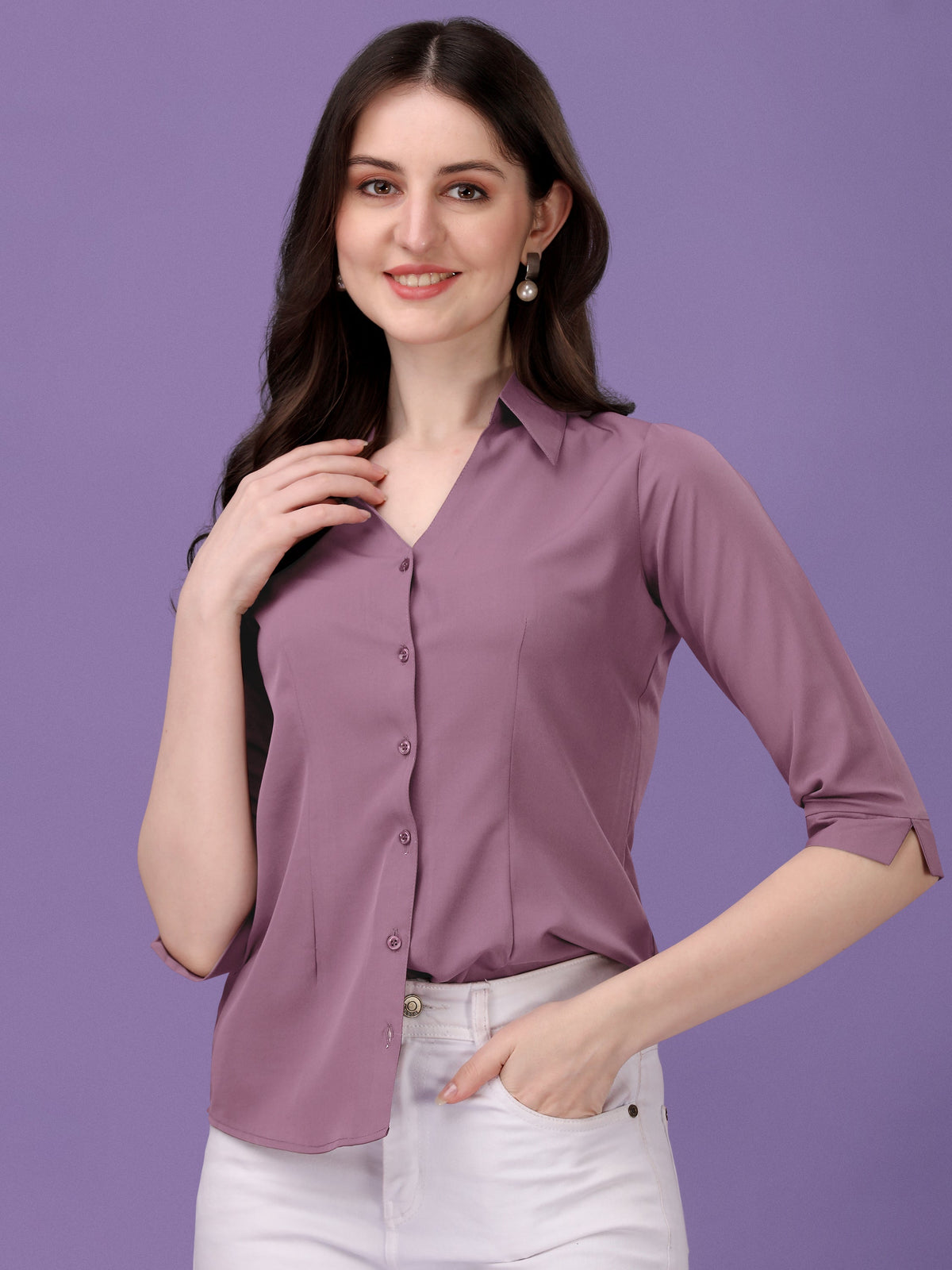 Korean-Style Lavender Crop 3/4th Sleeve Shirt | Wyshlist