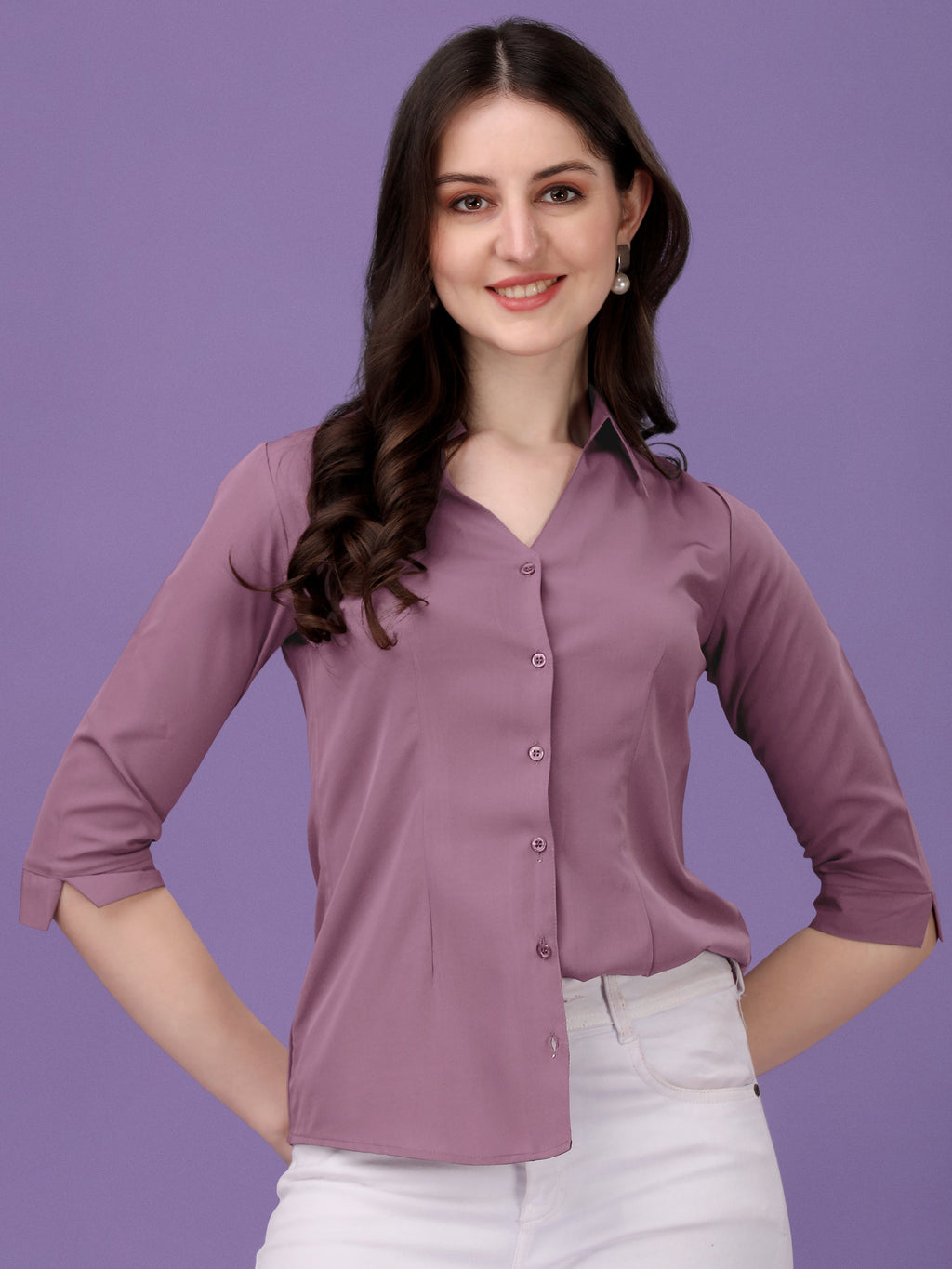 Korean-Style Lavender Crop 3/4th Sleeve Shirt | Wyshlist