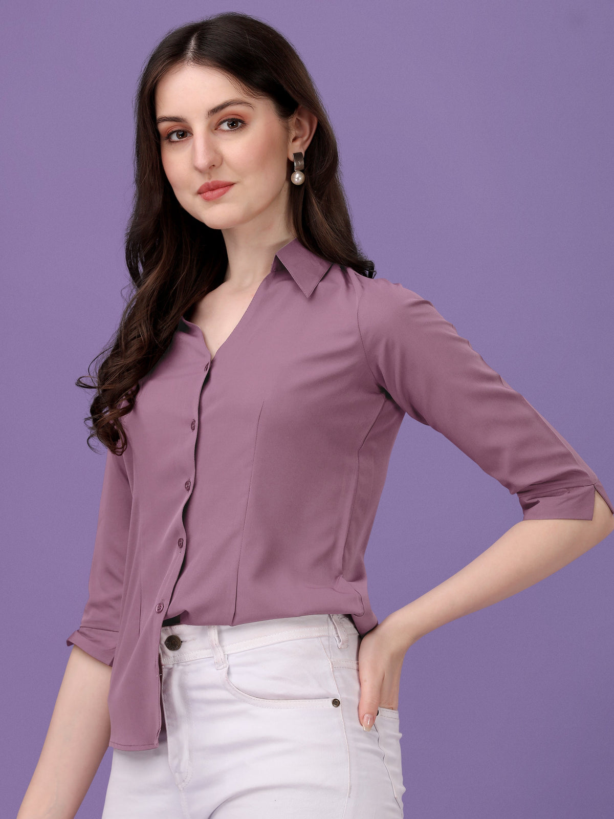 Korean-Style Lavender Crop 3/4th Sleeve Shirt | Wyshlist
