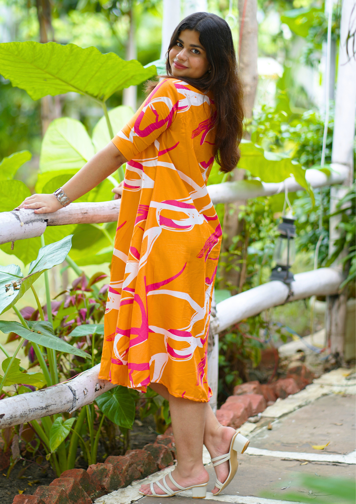 Vibrant Orange Printed A-Line Shirt Dress