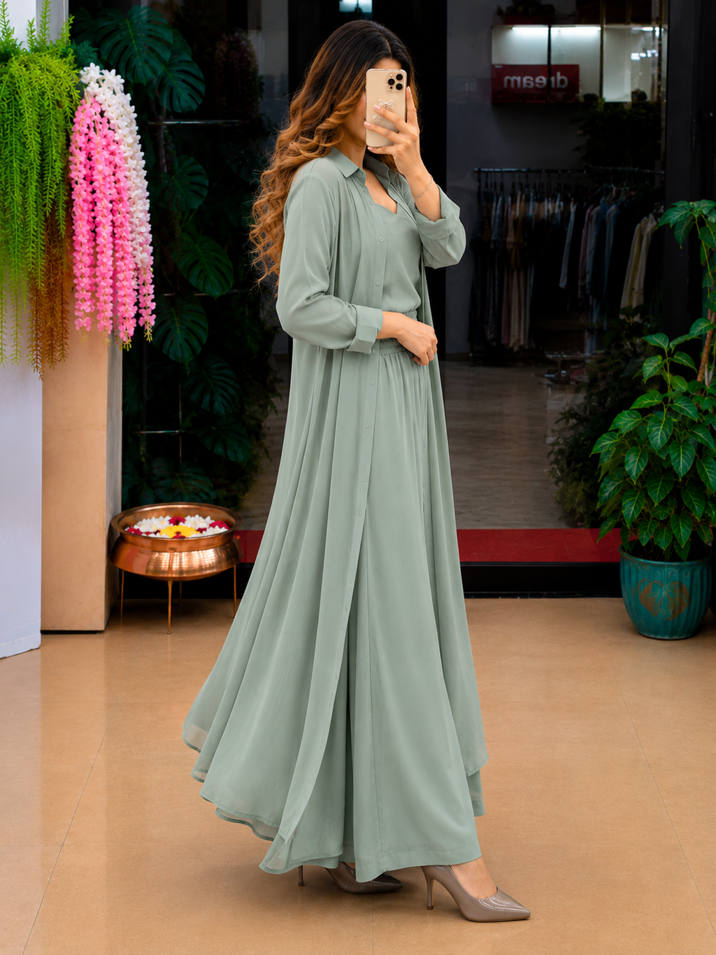 Sage Green Women's 3-Piece Co-Ord Set with Long Shrug
