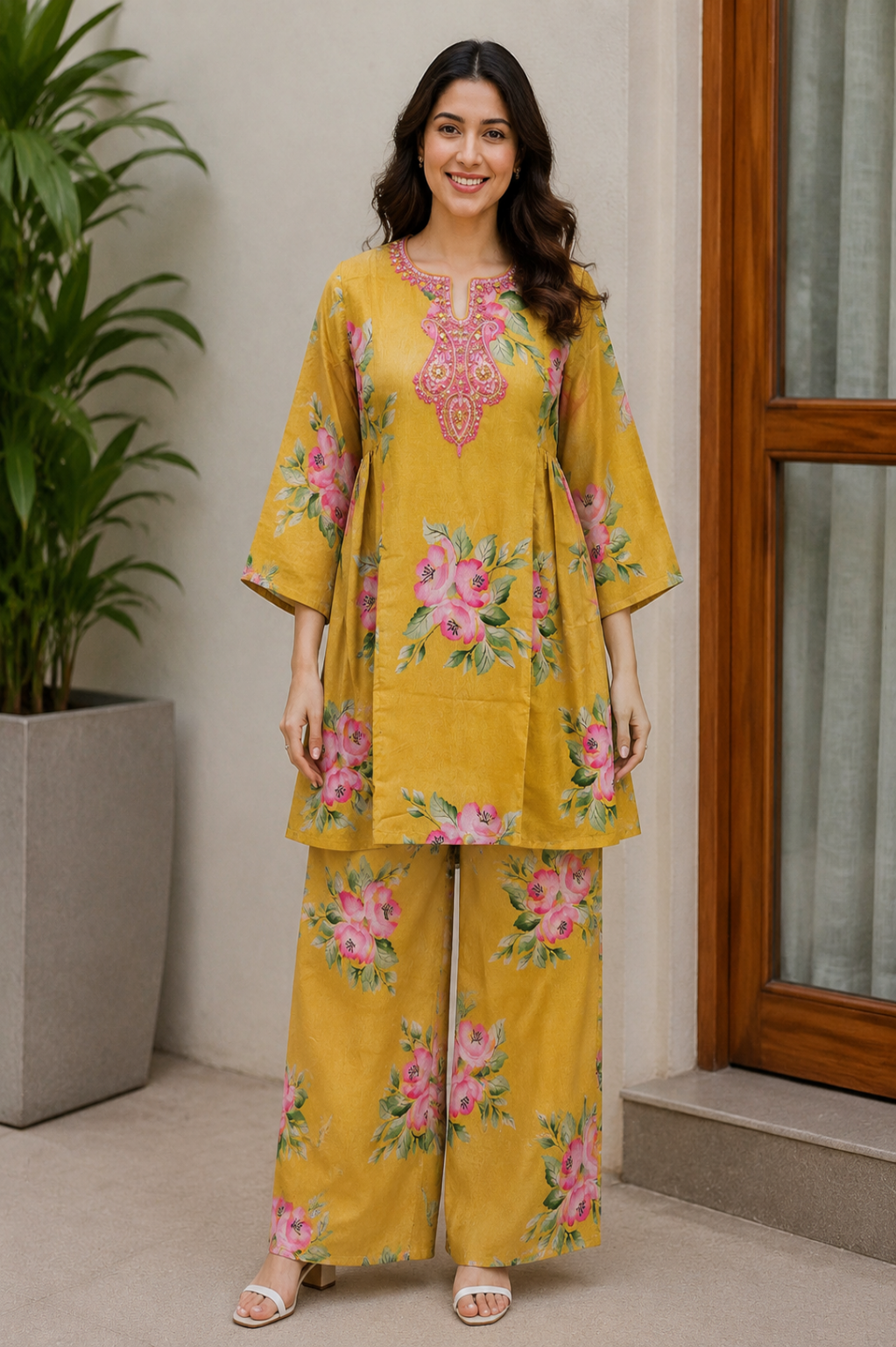 Mustard Floral Prineted Tissue Organza Co-Ord Set