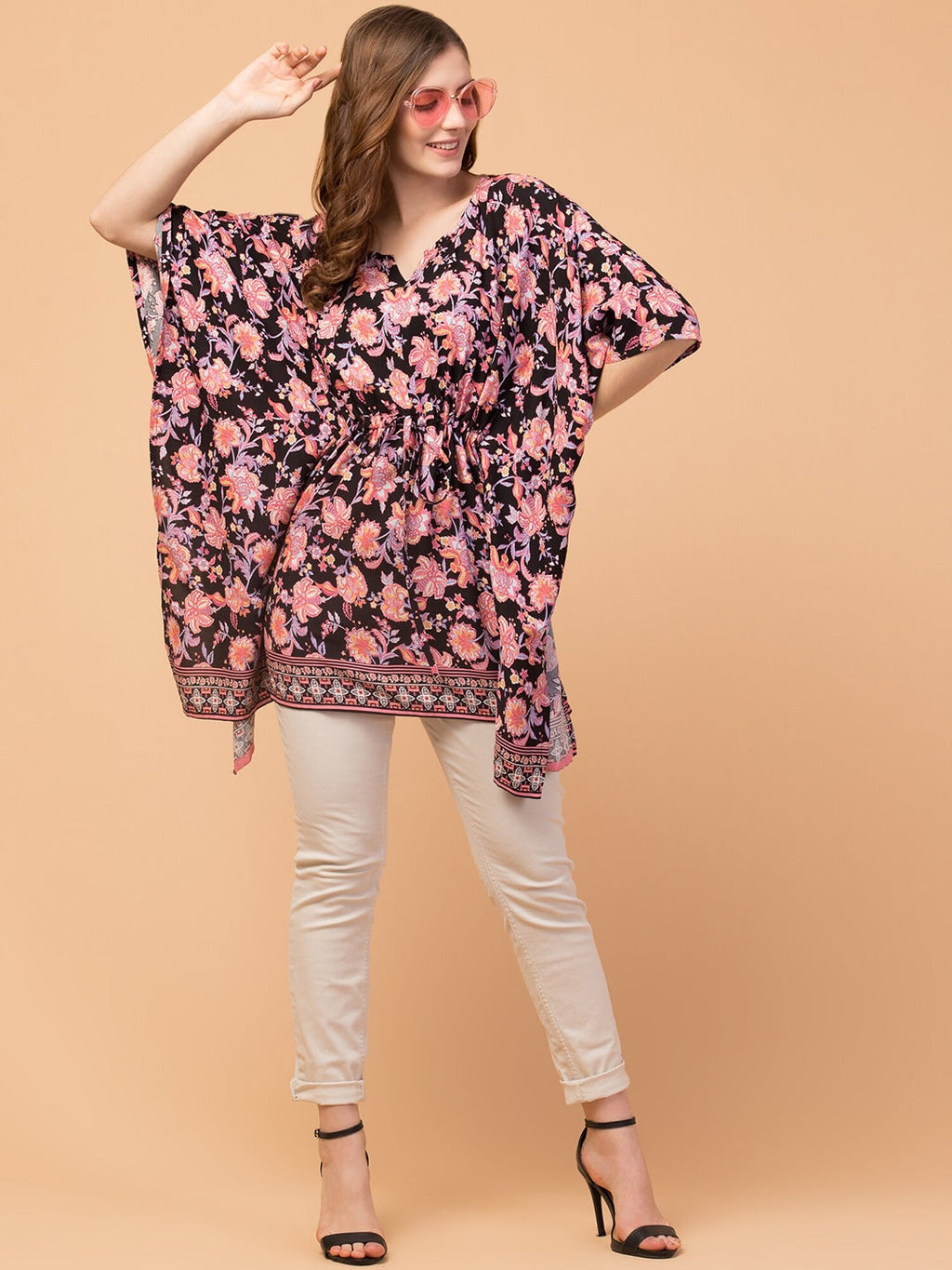 Floral Print Longline Kaftan Top with Keyhole Neck