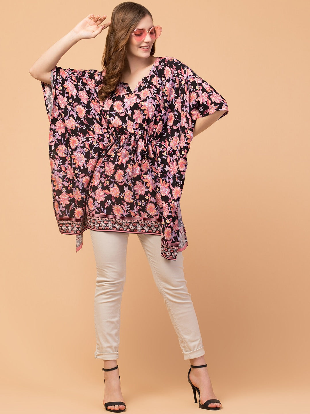 Floral Print Longline Kaftan Top with Keyhole Neck