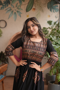 Elegant Gold Printed Black Fit and Flare Maxi Dress