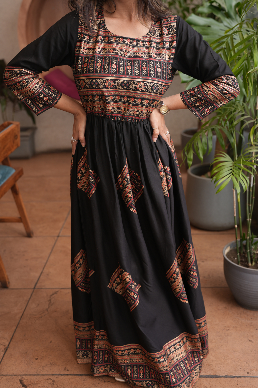 Elegant Gold Printed Black Fit and Flare Maxi Dress