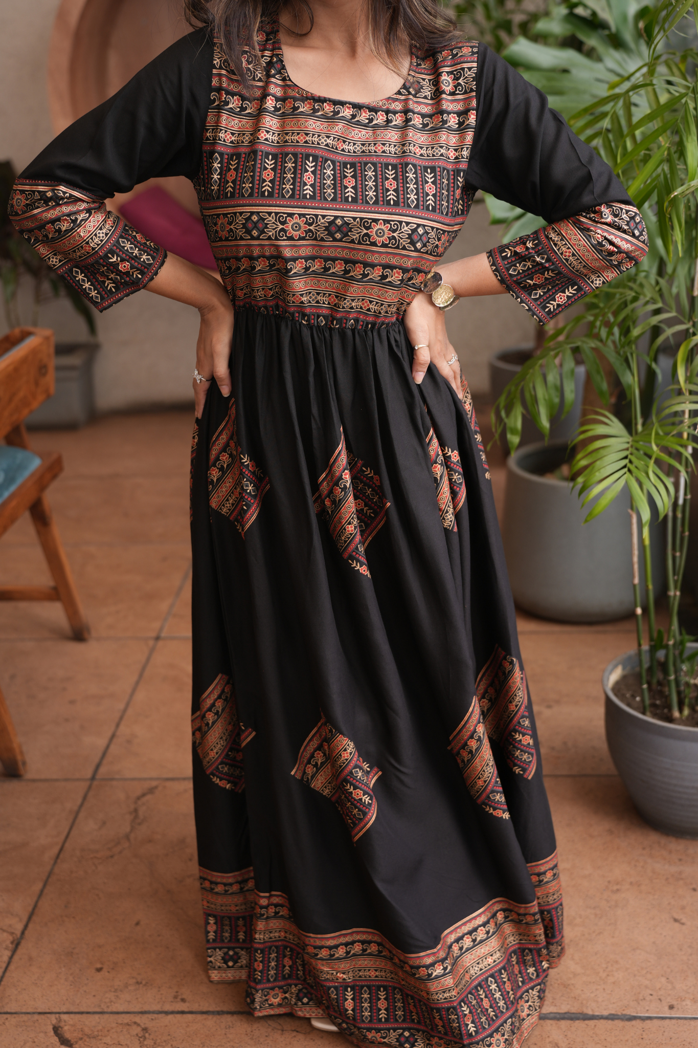 Elegant Gold Printed Black Fit and Flare Maxi Dress