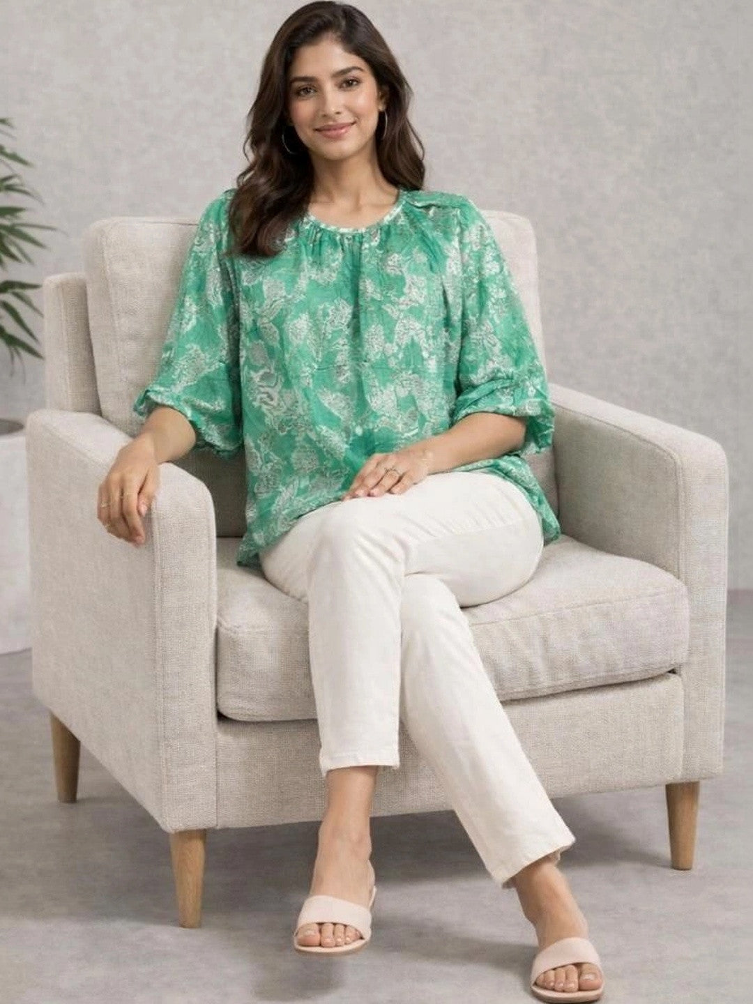 Emerald Bloom Printed Peasant Top