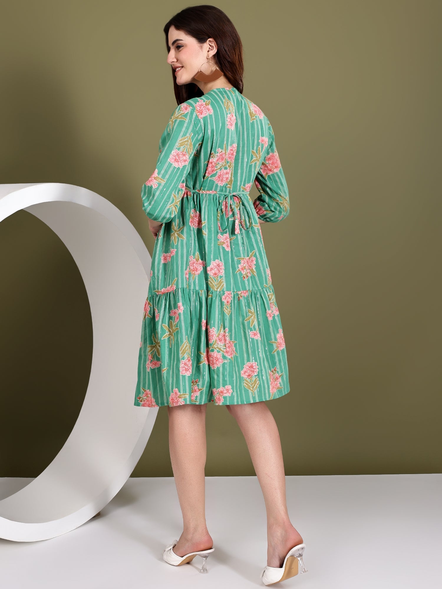 Floral Green Knee-Length Dress