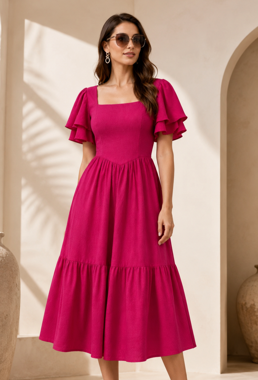 Elegant Pink Fit & Flare Midi Dress