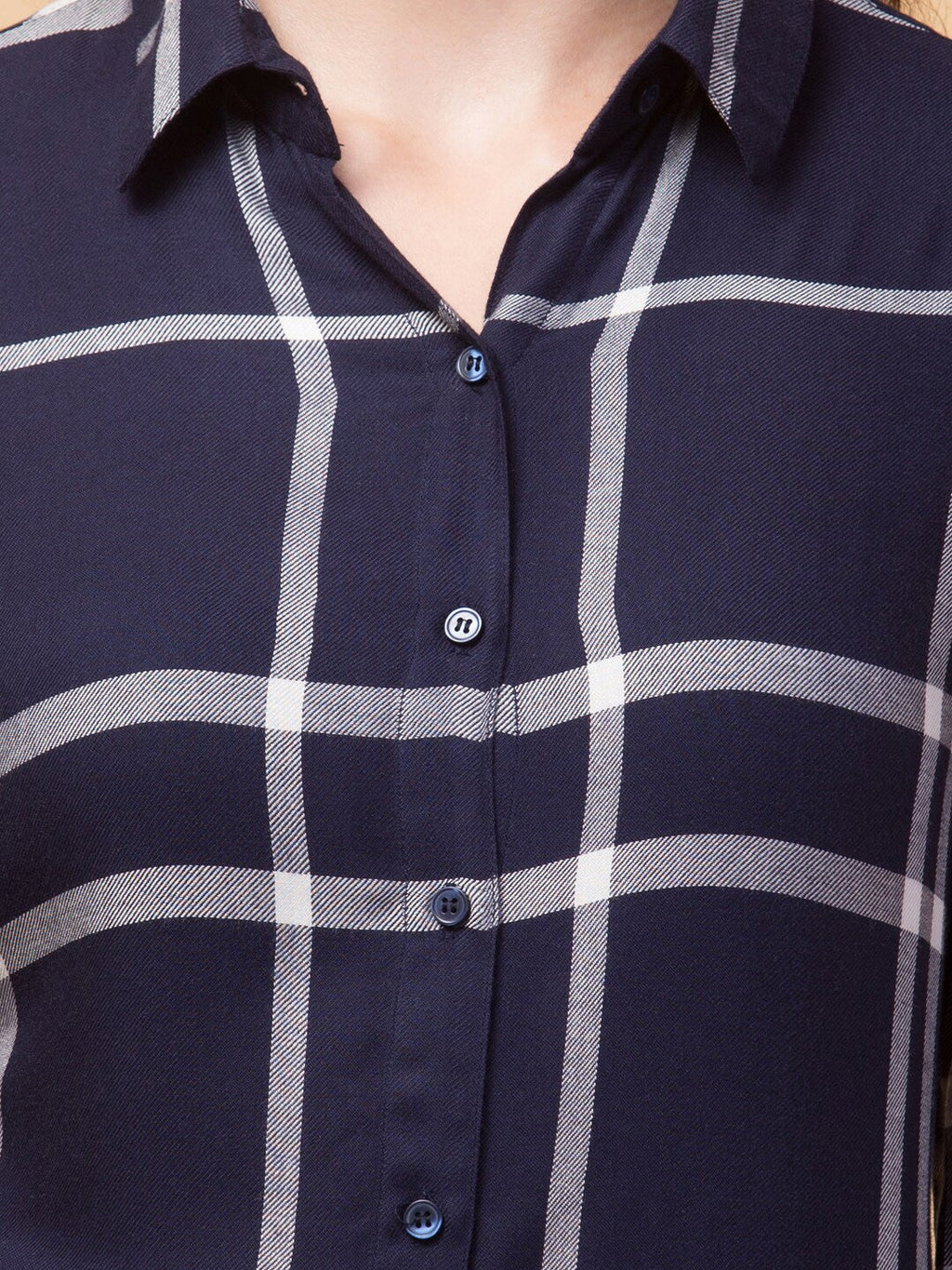 Opulent Elegance Above Knee-Length Checked Shirt with Cuffed Sleeves