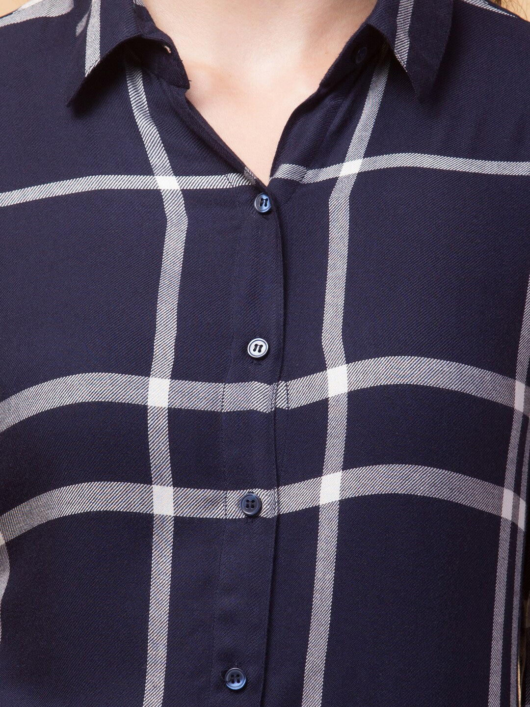 Opulent Elegance Above Knee-Length Checked Shirt with Cuffed Sleeves