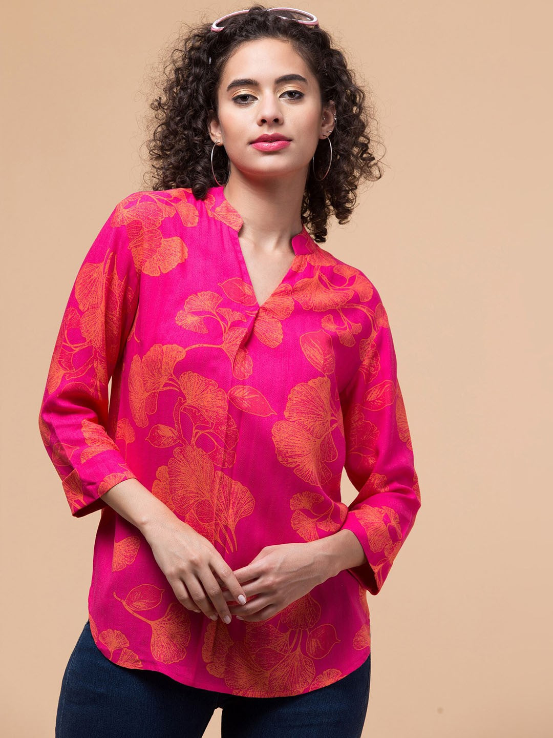 Pink Floral print Shirt Style Top