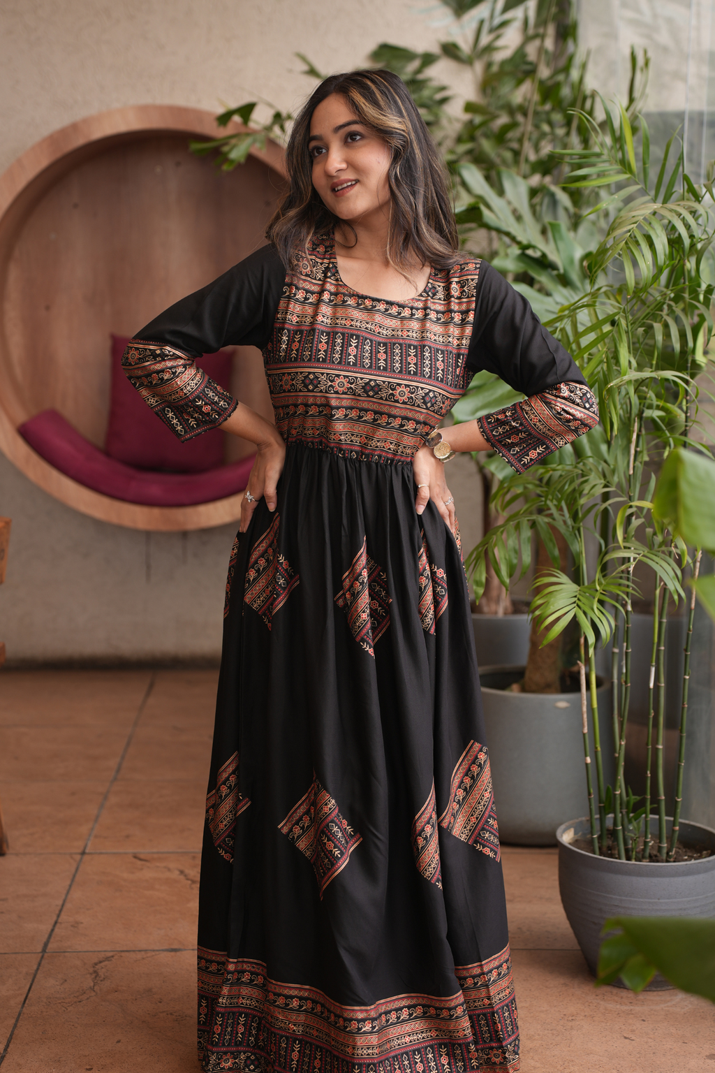 Elegant Gold Printed Black Fit and Flare Maxi Dress