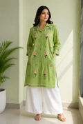 Parrot Green Embroidered Shirt Dress