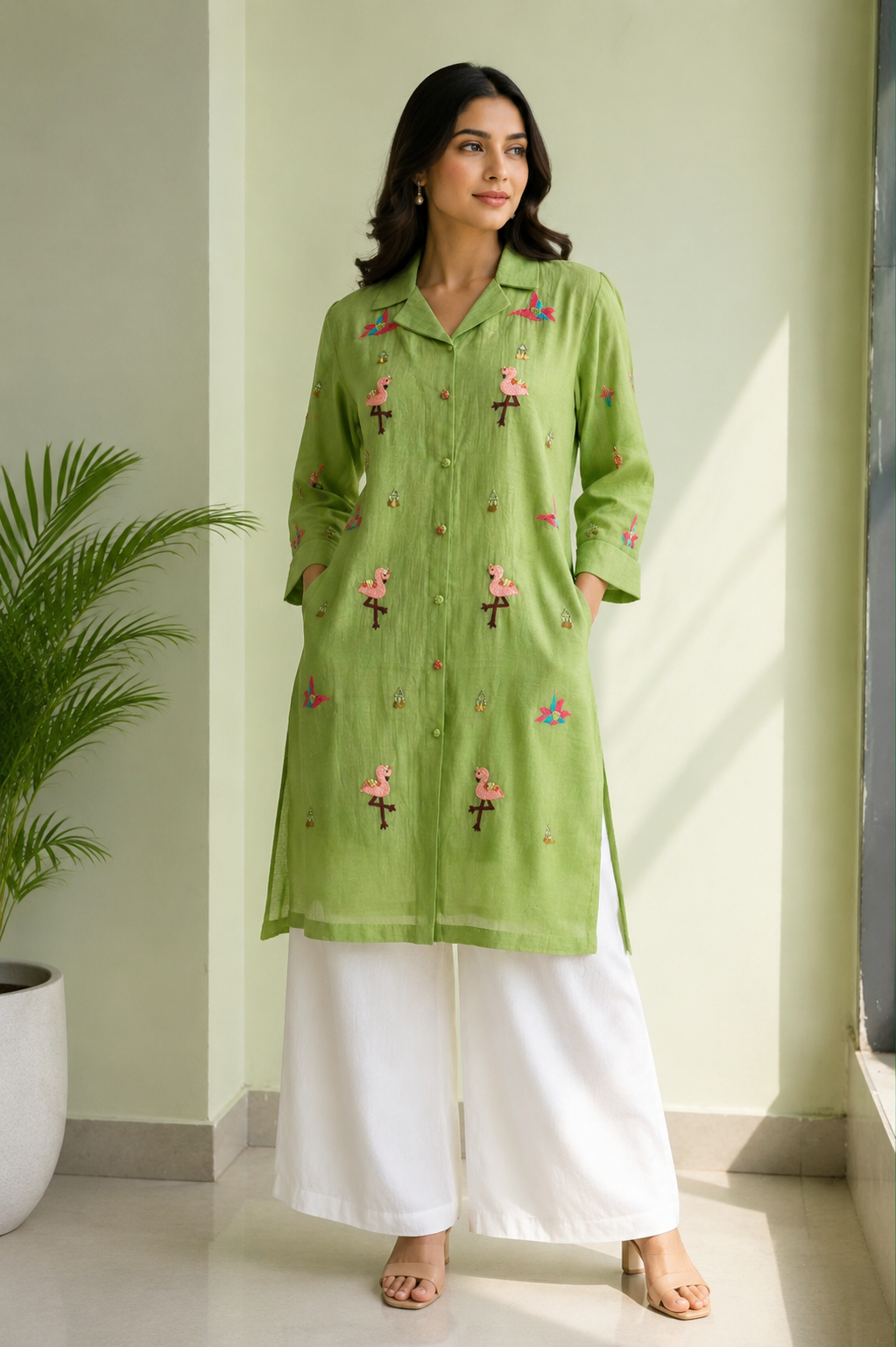 Parrot Green Embroidered Shirt Dress