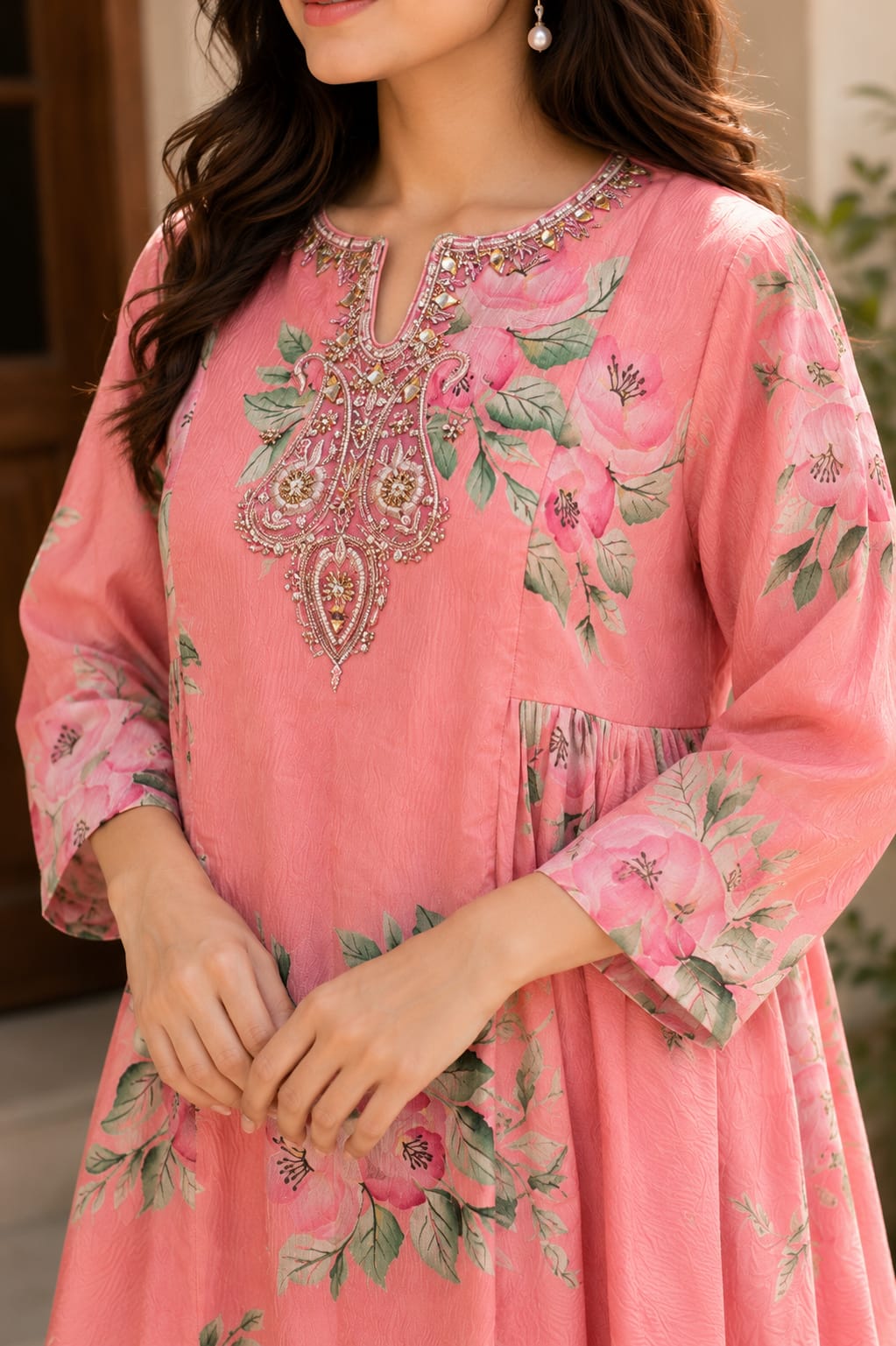 Blush Pink Floral Embroidered Cotton Co-Ord Set