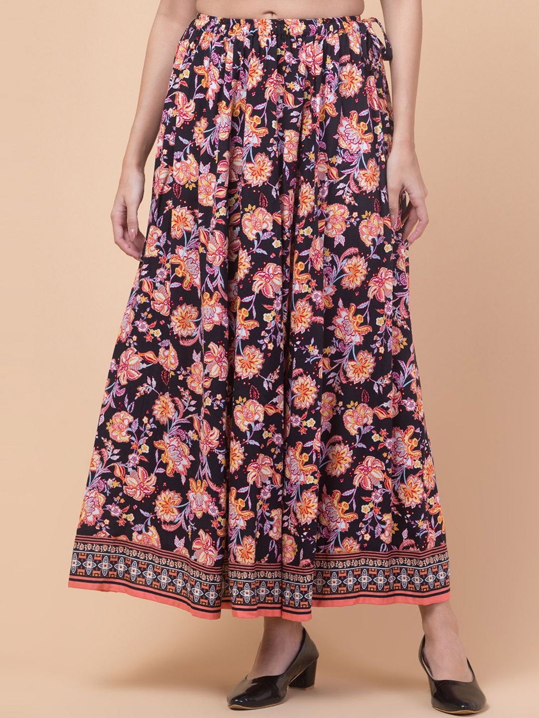 Black Floral print A-line Maxi Skirt