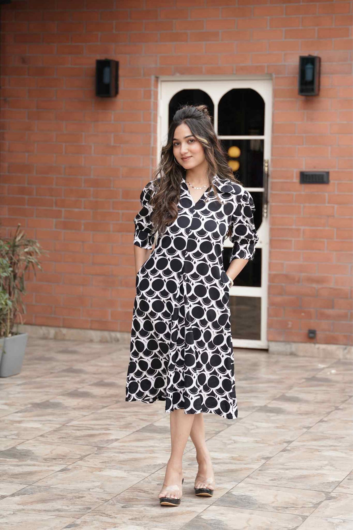 Radiant Reverie Woven Knee-Length Dress with Flared Hemline