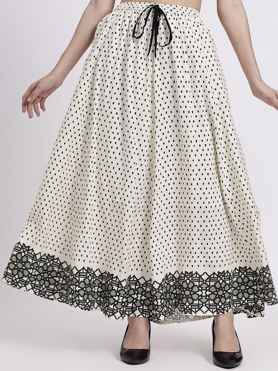 White Abstract Print Maxi Skirt