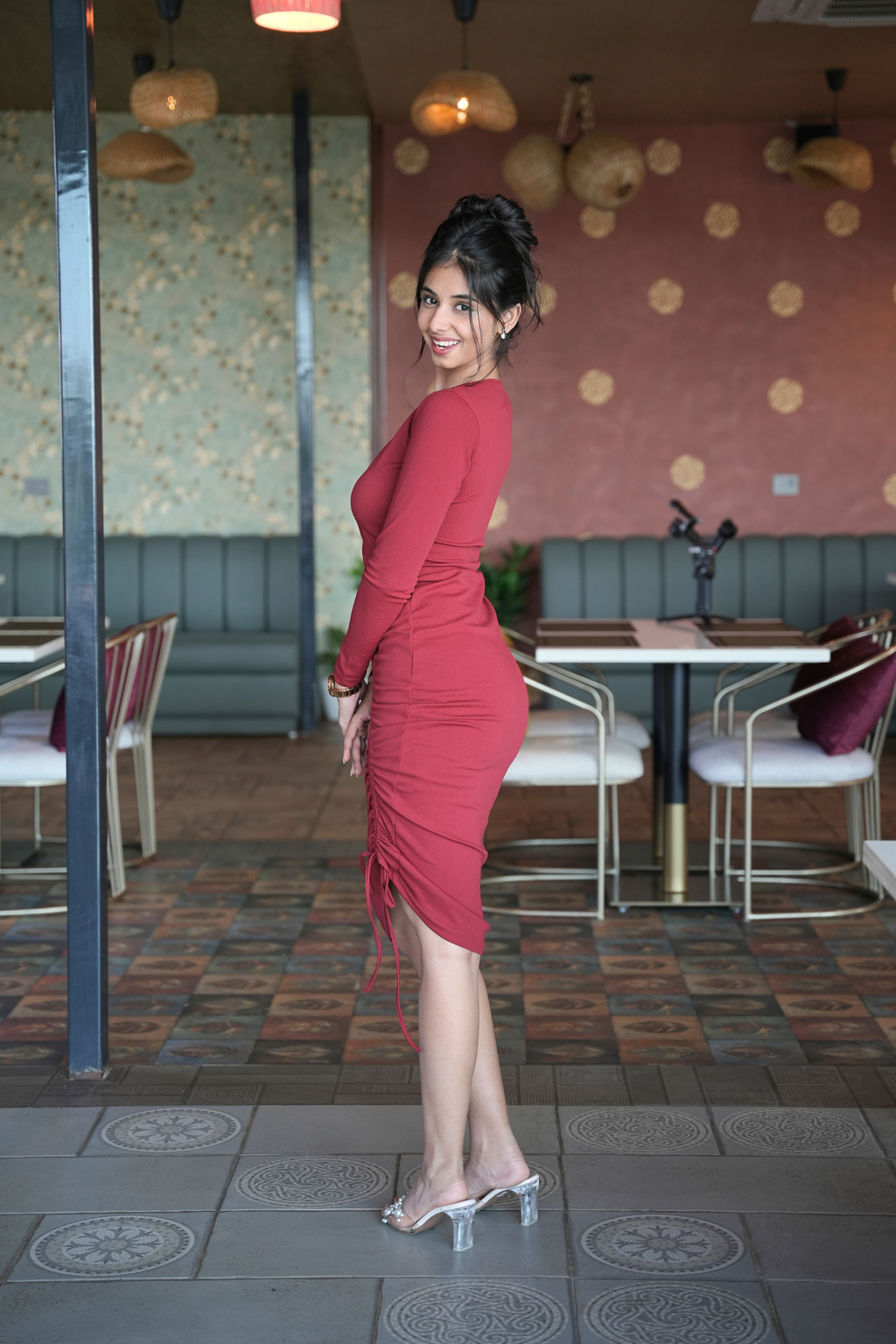 Maroon Luxe Long-Sleeve Bodycon Dress