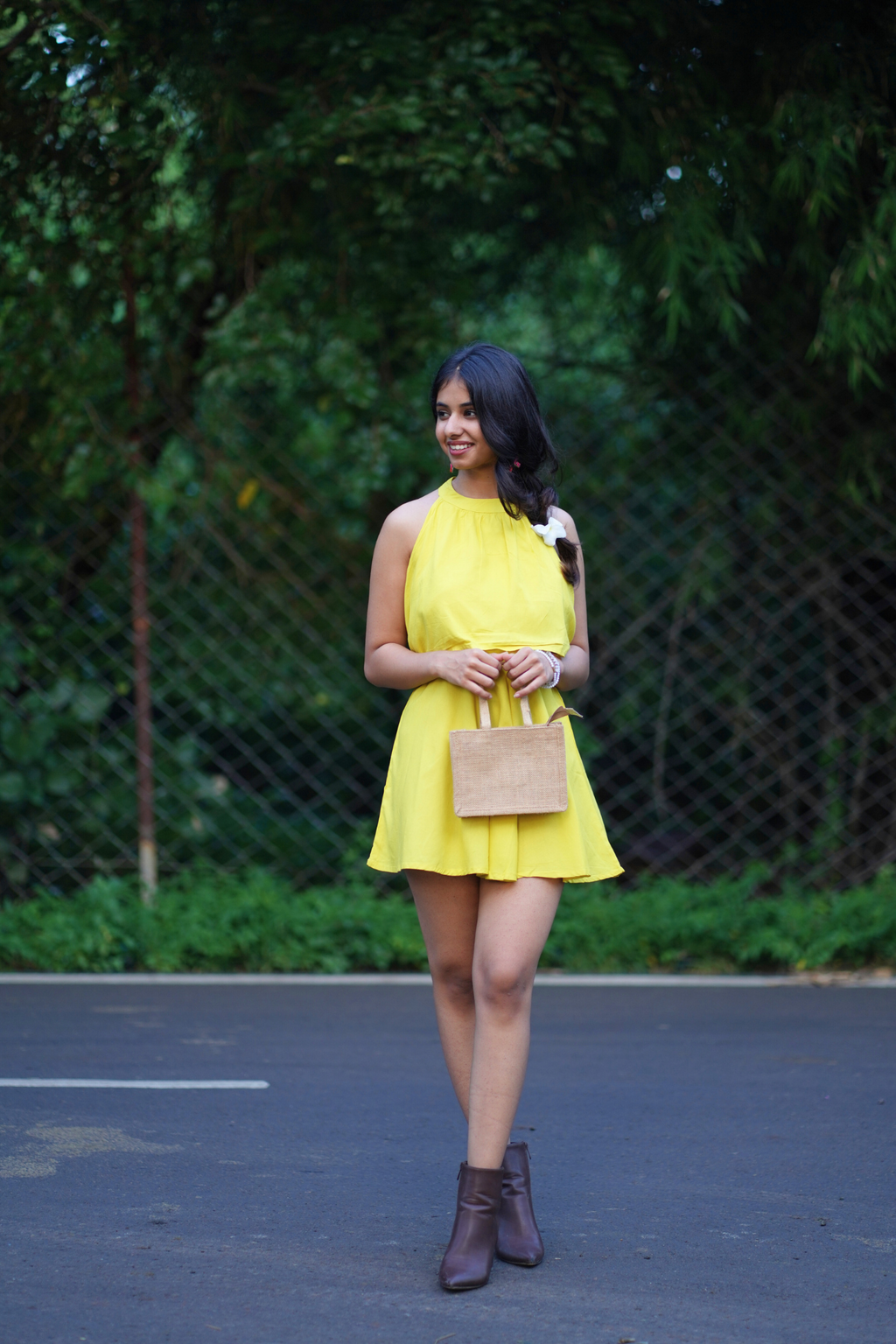Yellow Solid Halter Neck Mini Dress
