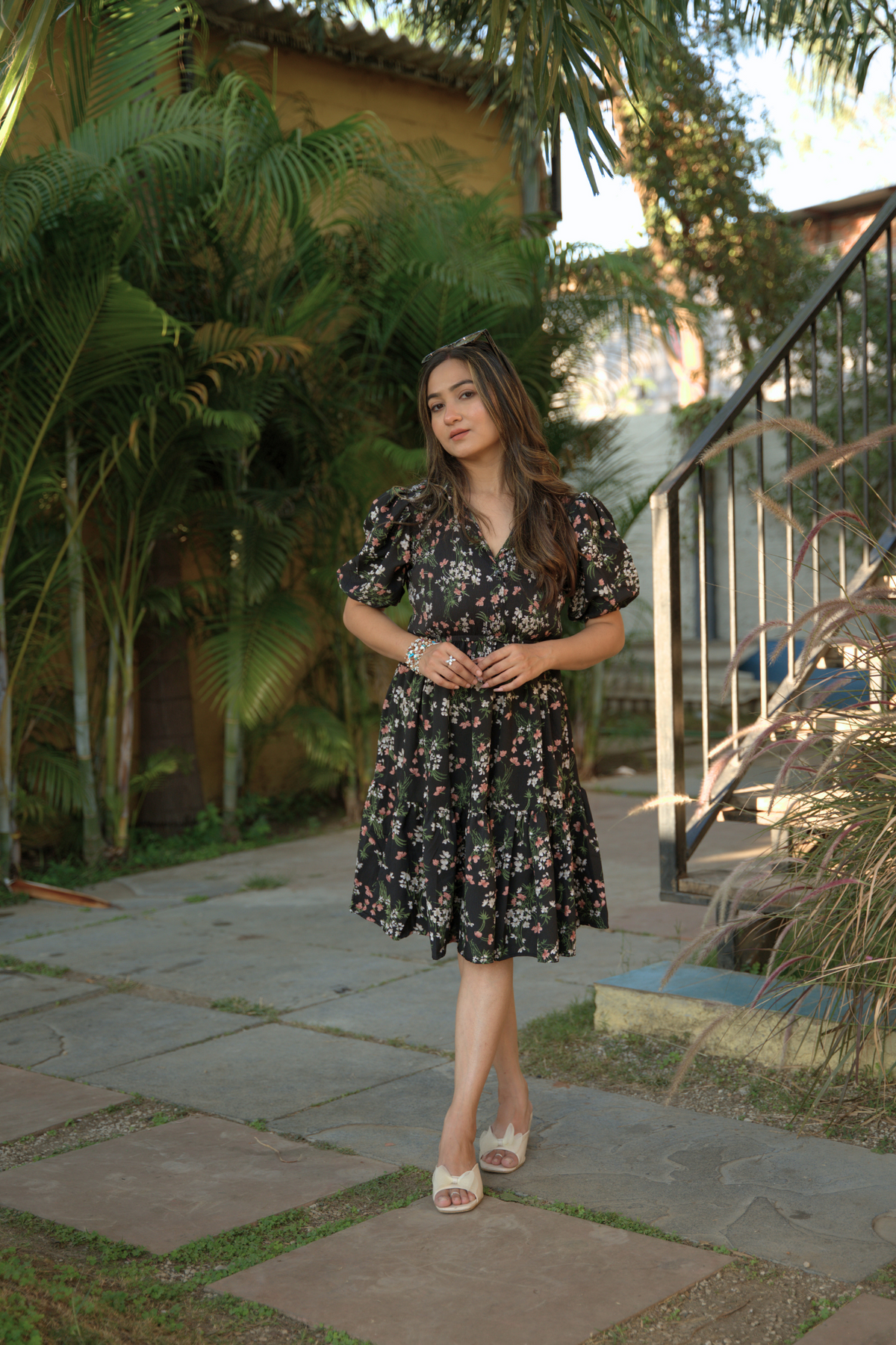 Black Bloom Fit and Flare Mini Dress