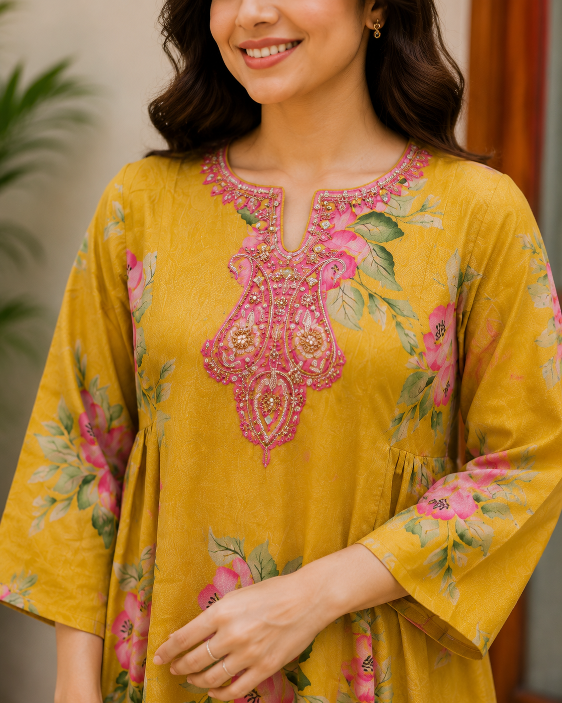 Mustard Floral Prineted Tissue Organza Co-Ord Set