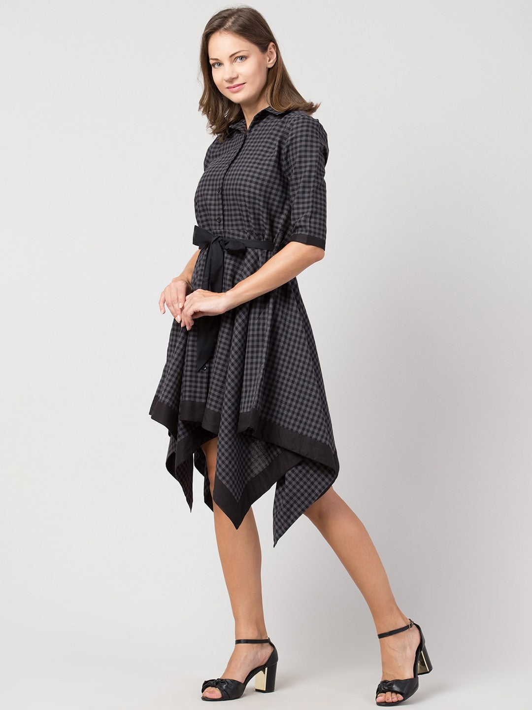Checked Cotton Shirt Collar Dress